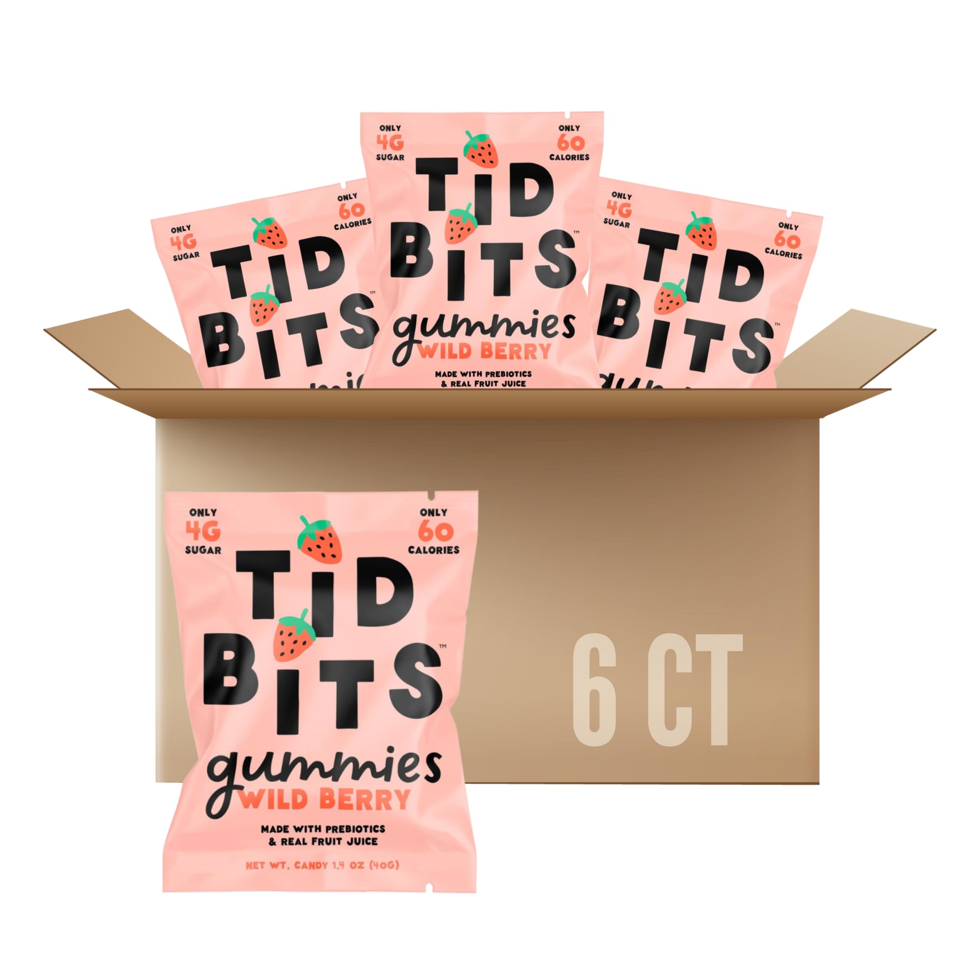 TiDBiTS Gummy Candies with Low Sugar (4g), Low Calorie (60), No Artificial Sweeteners, Plant-Based Fiber, Prebiotics, Real Fruit Juice, Healthy Snack (Wild Berry, Pack of 6)