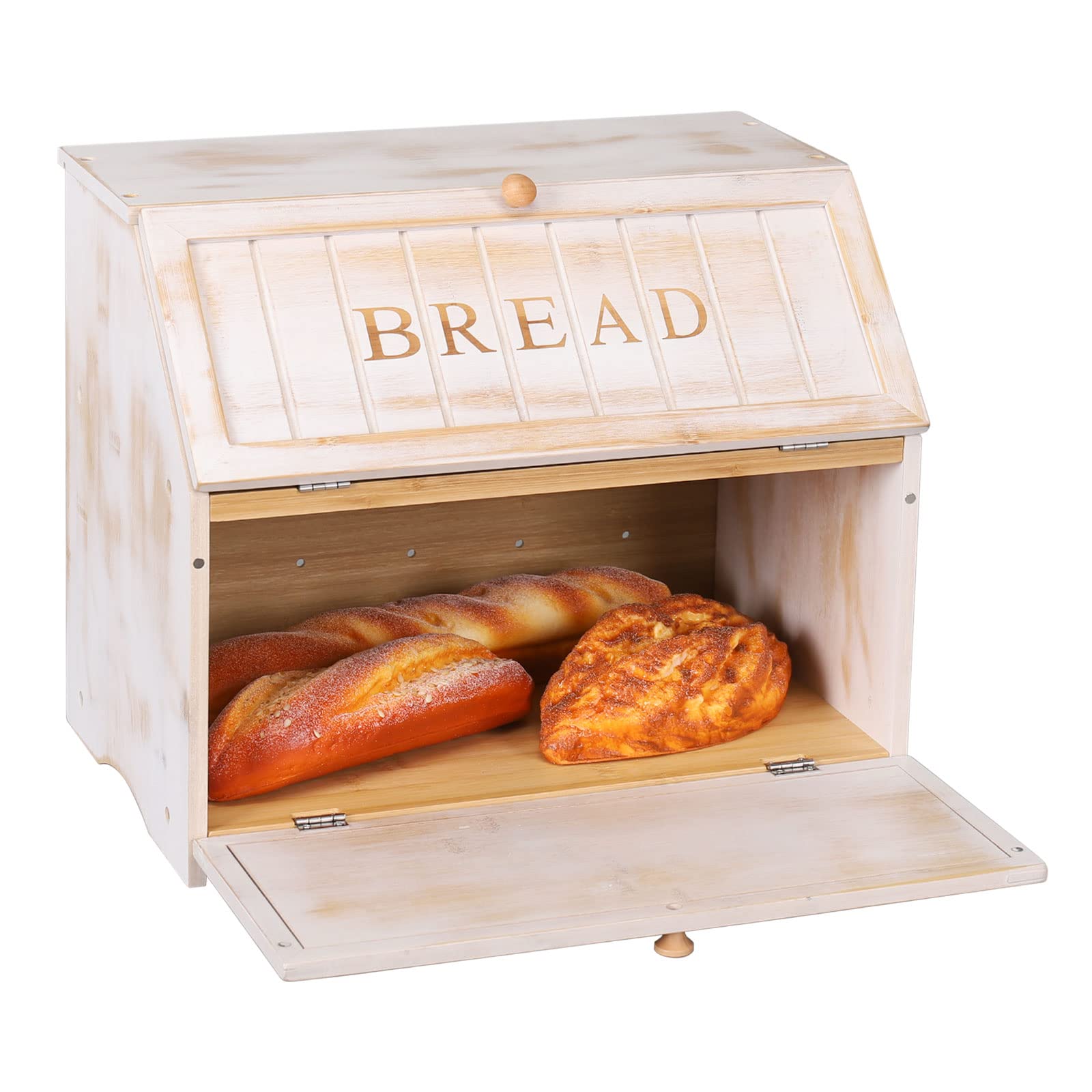 Scatola Per Il Pane Vintage A Doppio Strato In Bambù | Bianco Anticato | Grande Capacità 40x24x35 Cm