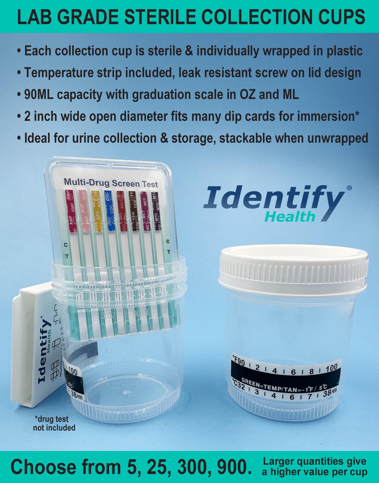 Identify Health Vasos estériles para muestras de orina con tapas, paquete de 25 unidades, colección de orina envueltos individualmente, tira de temperatura, escala de graduación