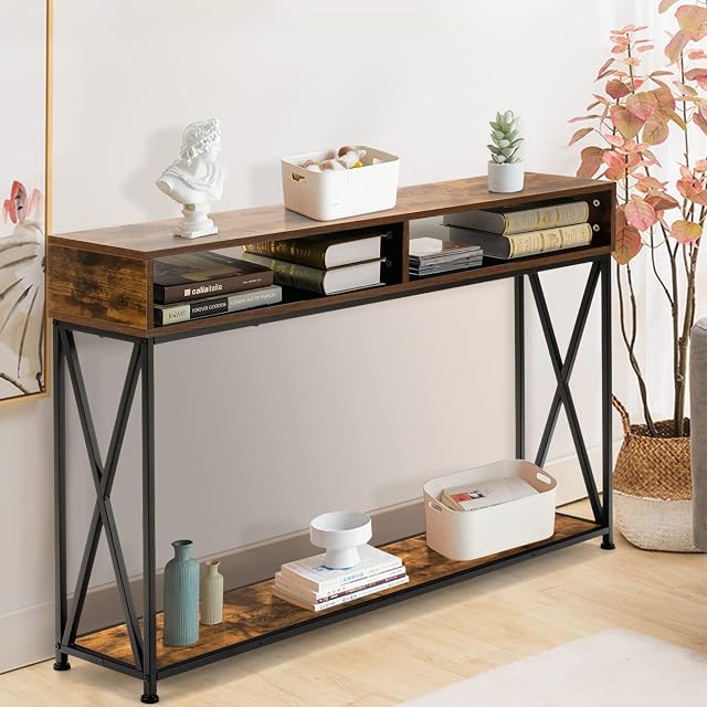CASART 3-Tier Console Table, X- Shaped Wooden Side End Table with 2 Compartments and Storage Shelf, Narrow Sofa Table Hall Desk for Living Room Bedroom Entryway (Rustic Brown)