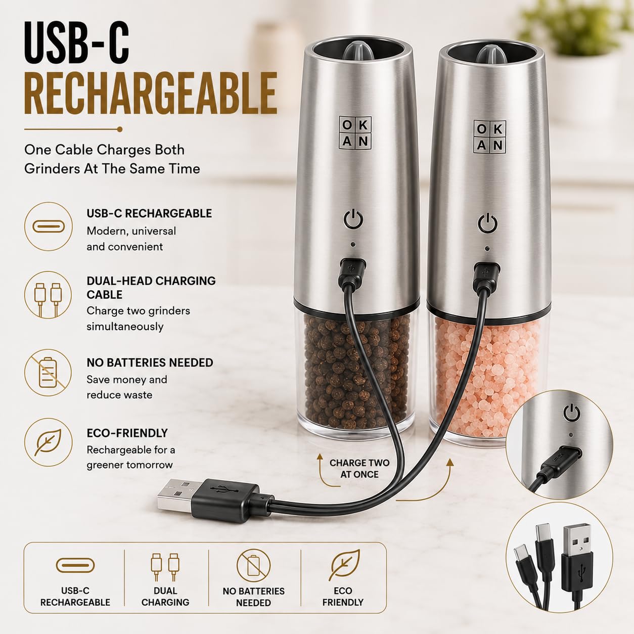 OKAN 591 - Macinino elettrico per sale e pepe, inclinabile a gravità, ricaricabile tramite USB-C, in ceramica regolabile, luce LED, funzionamento con una sola mano, OKAN 591 (100 ml)