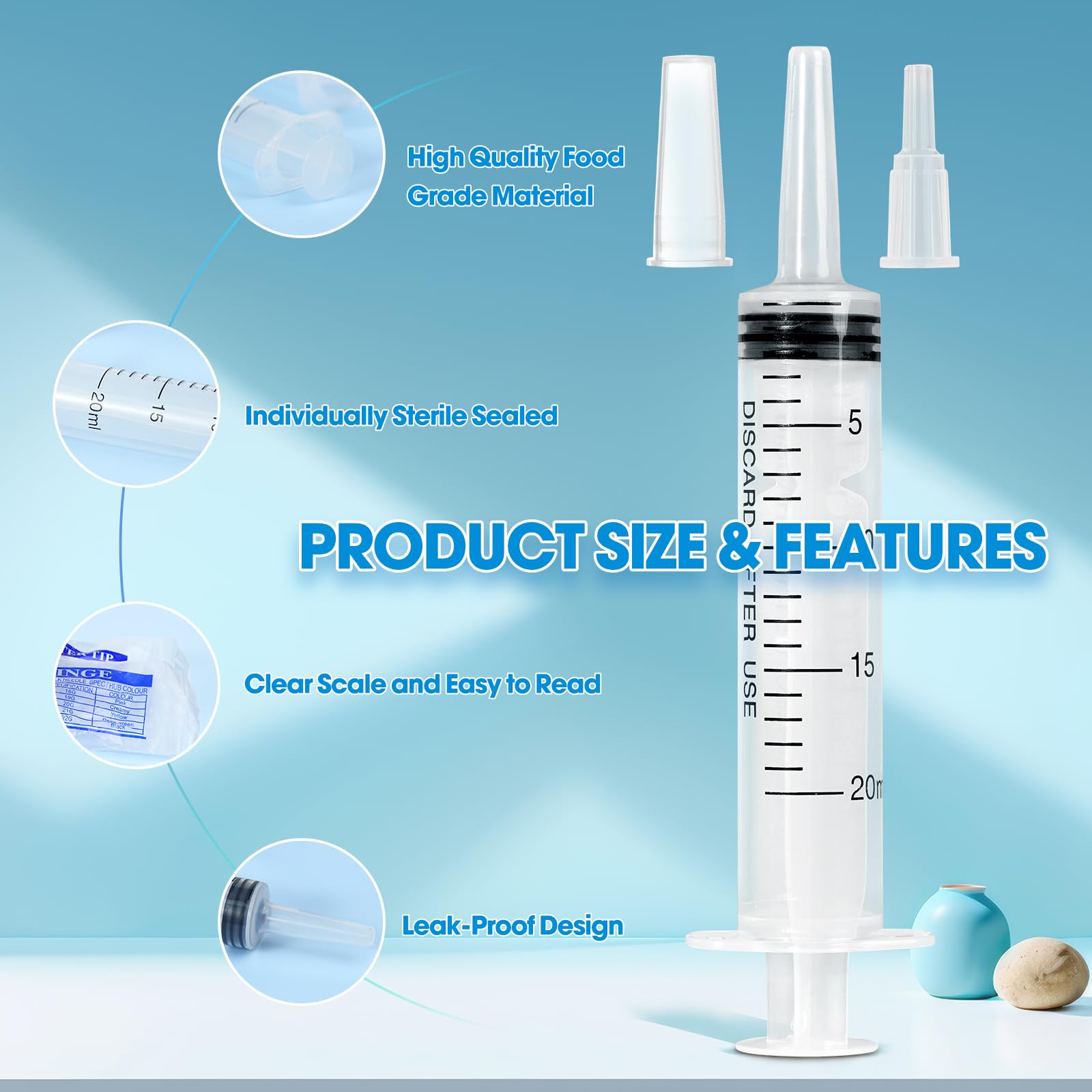 Jeringa de 20 ml para líquido, paquete de 50 jeringas grandes de plástico con adaptadores y tapa, jeringa sellada individualmente para alimentación, gelatina, agua de riego y laboratorios científicos