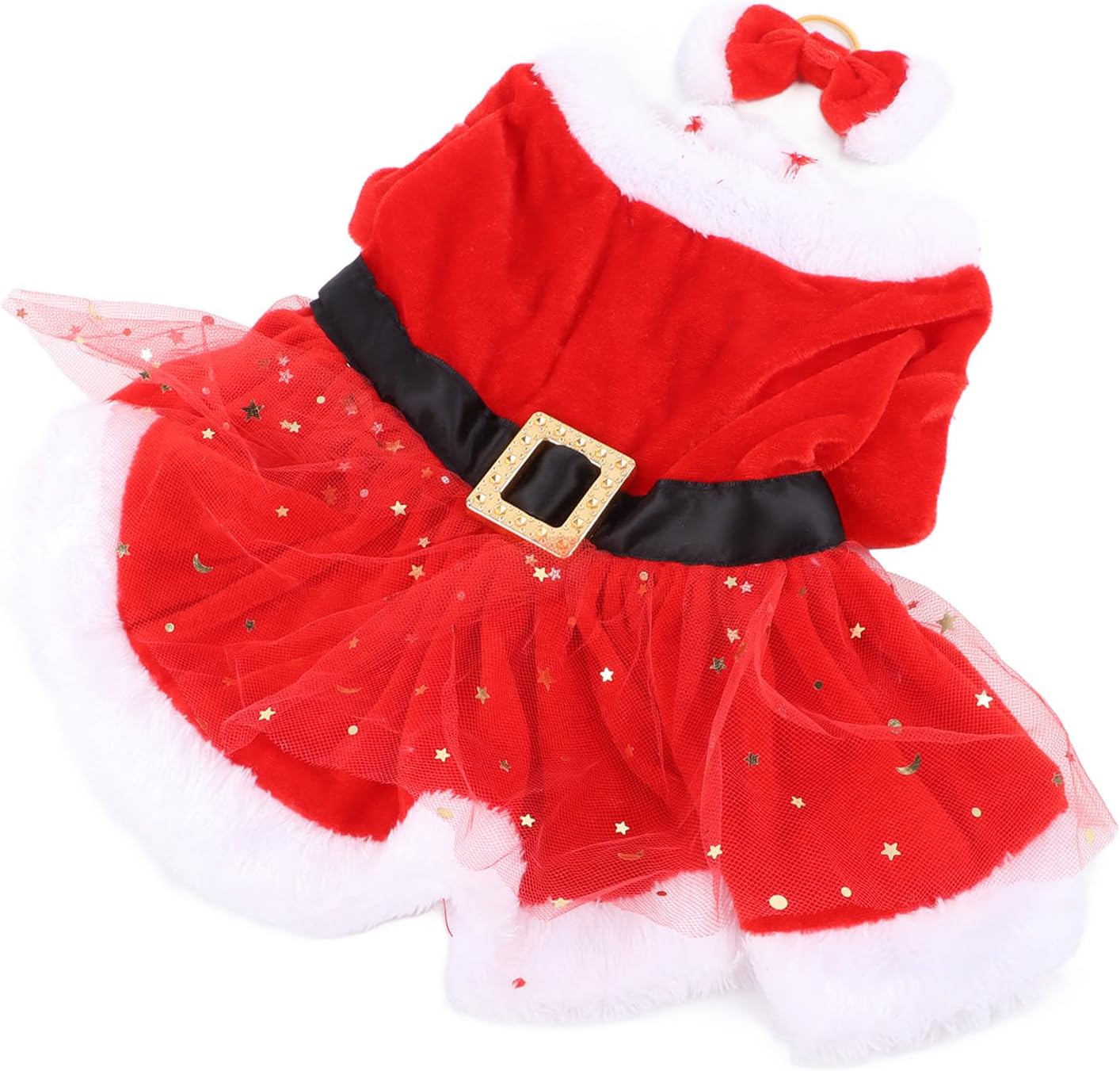 Fockety Santa Claus Pet Costume, Christmas Dog Cat Costume with Headdress, Funny Pet Mesh Dress Cosplay Winter Warm Clothes Outfit Apparel Adjustable for Dogs