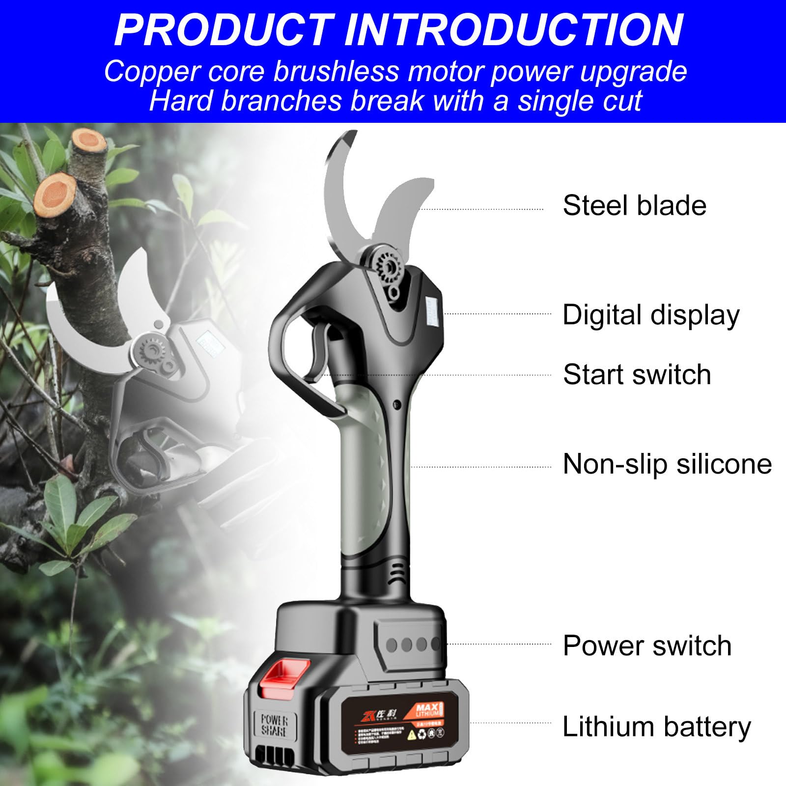 Podadora De Mano con Pantalla De VisualizacióN, Tijeras EléCtricas InaláMbricas Profesionales, Rango De Corte De Ramas De 1-68 Mm, para Podar Huertos Frutales, ViñEdos