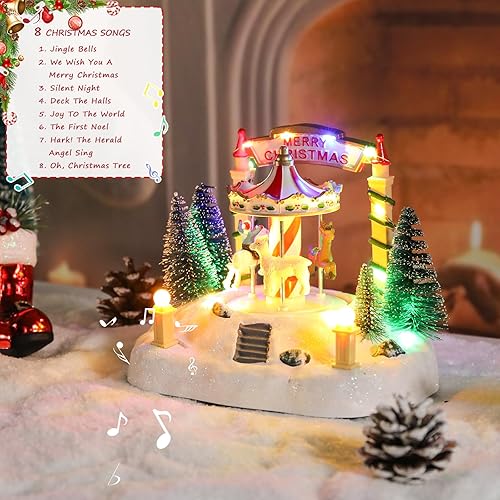 Miniatura 2 de Bdor Decoración de mesa de carrusel de Navidad  Merry-Go-Round musical iluminado con renos y árboles  Escena de Navidad a pilas  Centro de mesa de