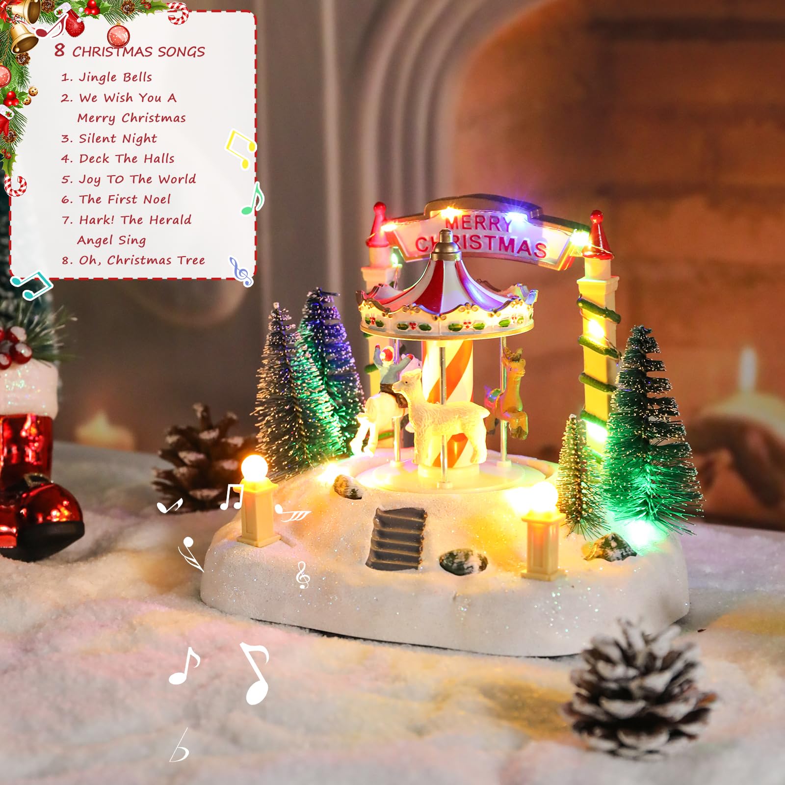 Bdor Decoración de mesa de carrusel de Navidad – Merry-Go-round musical iluminado con renos y árboles – Escena navideña que funciona con pilas – 7.5 x 5.5 x 6 pulgadas, centro de mesa festivo con