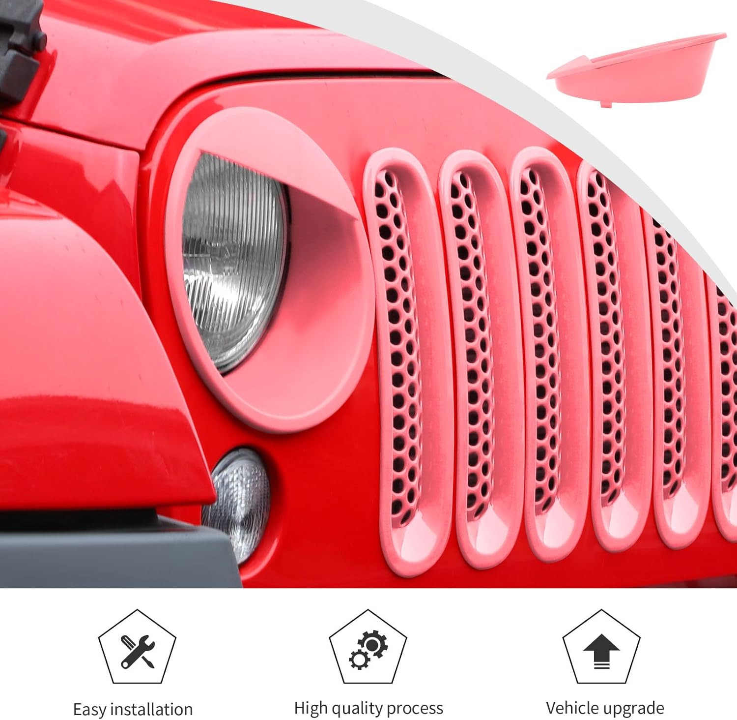 JWWY Front Grille Insert Radiator Grille Grillwork Surround Assembly Inserts Headlight Headlamp Cover Trim Set Fit for 2007-2017 Jeep Wrangler JK JKU Exterior Accessories 9pcs Pink