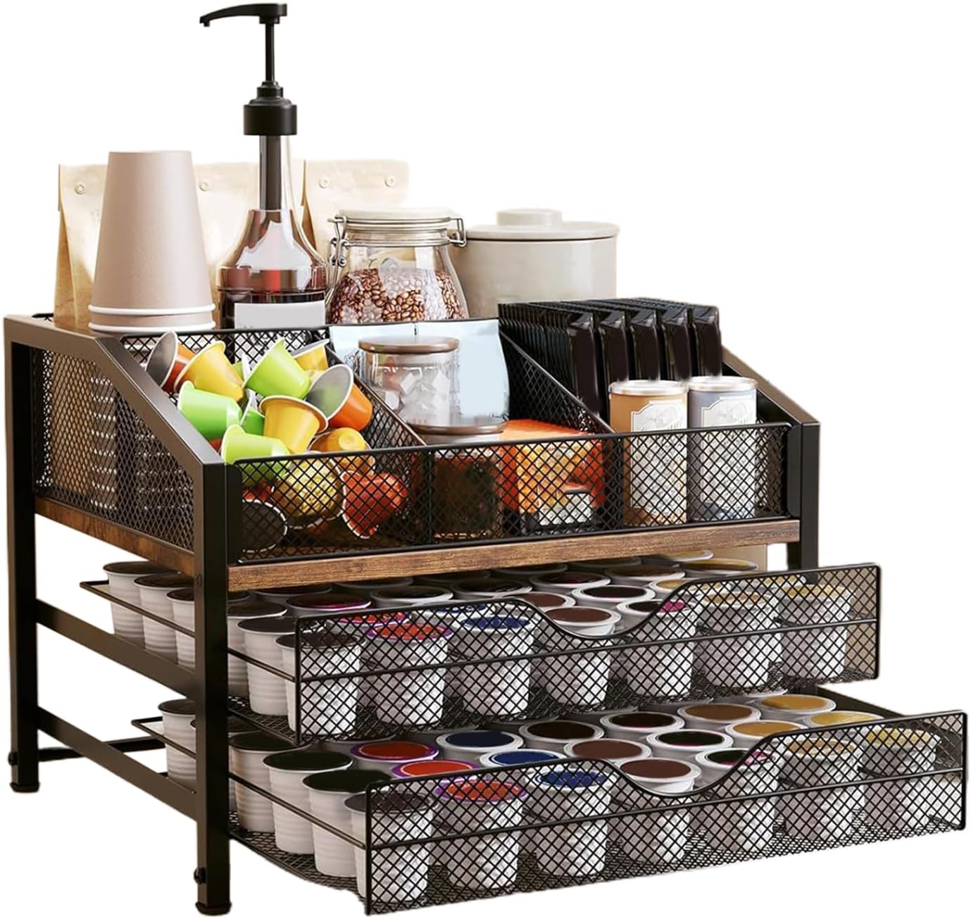 Coffee Pod Rack, 3 Tier Coffee Cup Holder Organizer Shelf, Reliable Build + Stylish Compact Design, Ideal for Drawer Counter Cabinet Desktop Wall Fridge Home Kitchen Bar Cafe Station
