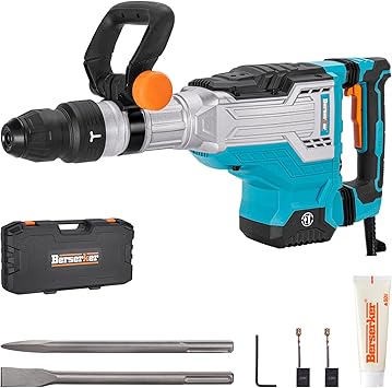 Berserker 1700W 25-Pound SDS-Max Demolition Jack Hammer 65H,14-Amp Corded | Inline Medium & Heavy duty Electric Concrete/Pavement Breaker with Variable Speed,Vibration Control,Carrying Case & 2 Chisels