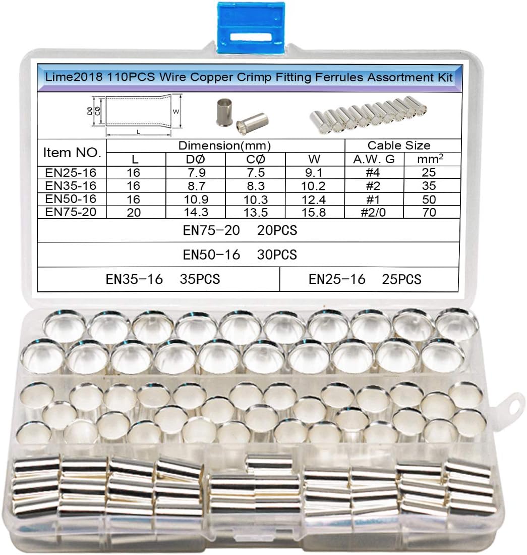 Lime2018 (110PCS Crimp Fitting) - 110PCS Wire Copper Crimp Fitting Ferrules :(4Types gauge: AWG 4,2,1,2/0) Non Insulated Cable Housing Ferrule Pin Cord End Terminal Kit. Widely Used In Electronics,...