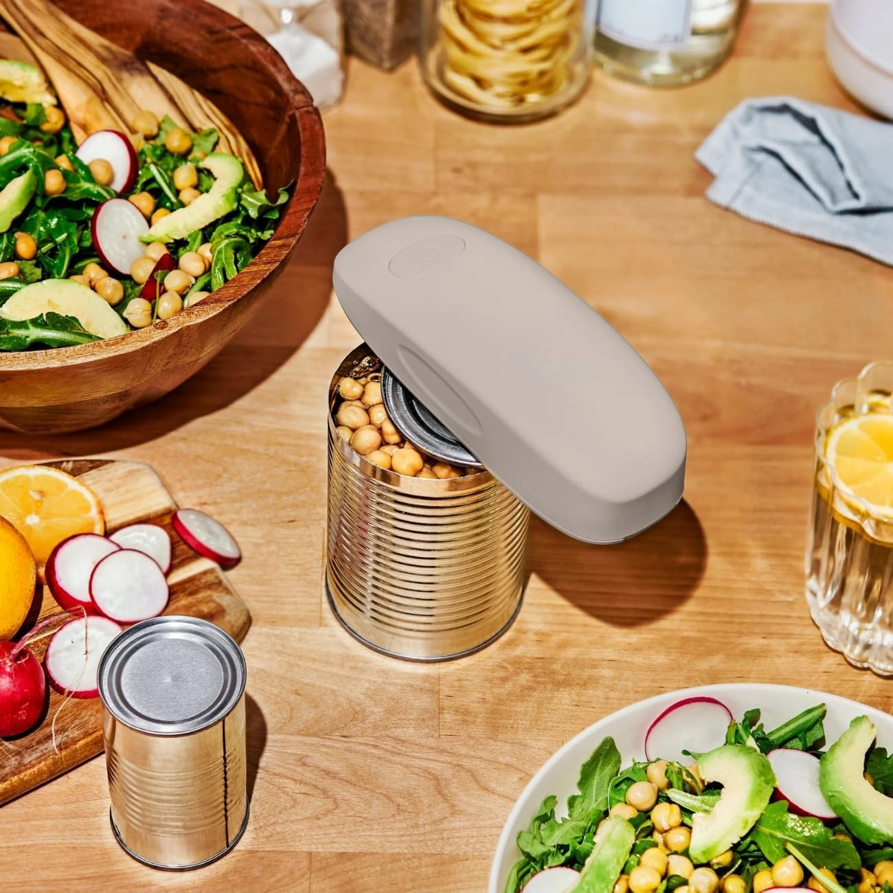 Hands-Free Electric Can Opener – Battery Operated, Auto-Stop, Smooth Edge, One-Touch, Stainless Blade, Soft Grip (Porcini Taupe)