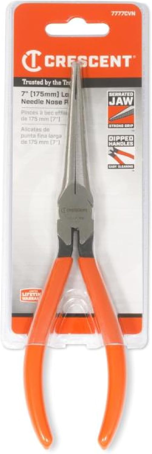 Crescent 7" Long Needle Nose Pliers - Designed for Wire Bending, Gripping & Twisting - Long Reach Pliers with Dipped Handle Grips - Electrician Tool - 7777CVN