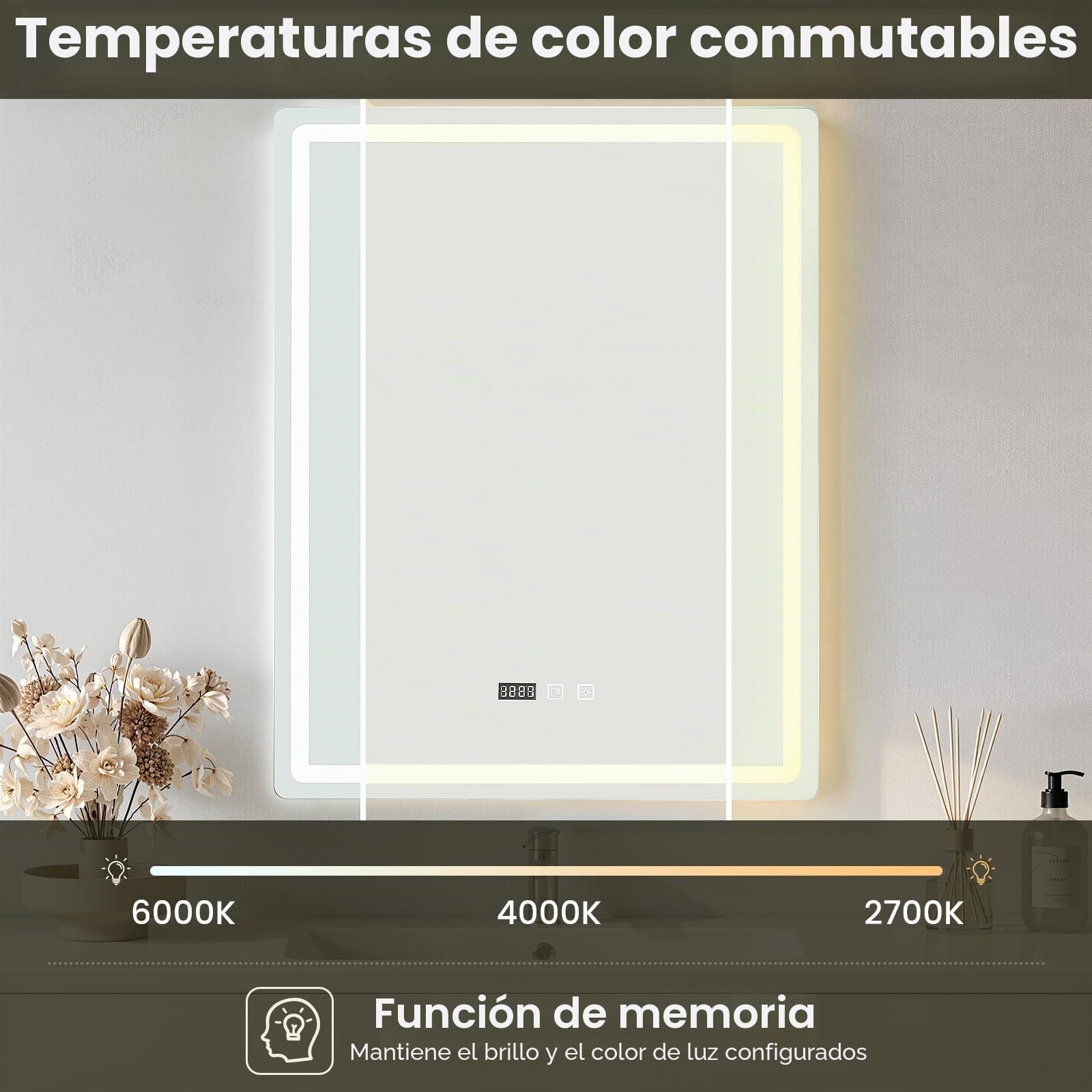 Espejo de baño con iluminación 60 x 80 cm, espejo LED con 3 colores de luz regulable, antivaho, espejo de pared LED horizontal/vertical para baños, lavabos (60 x 80 cm)