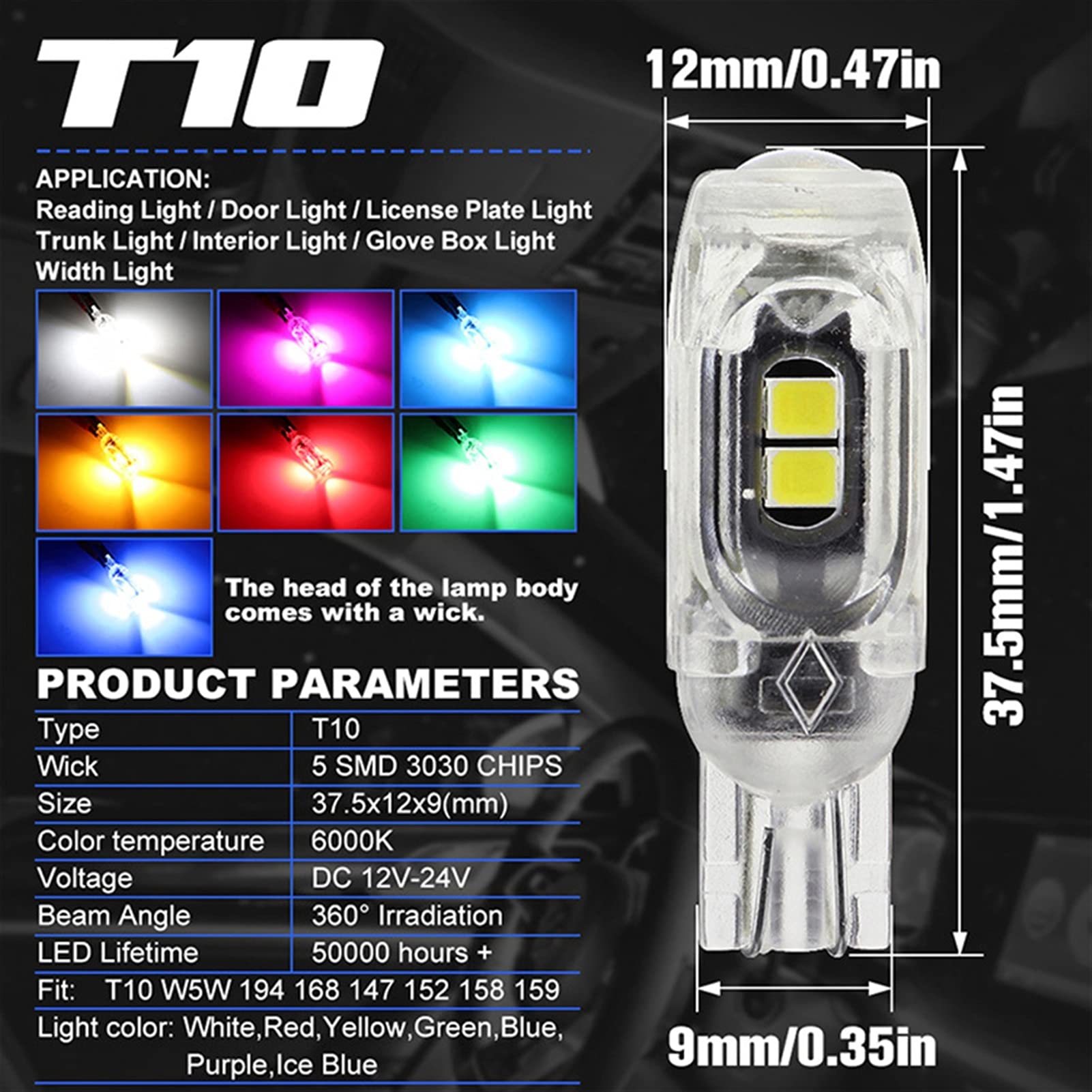 Żarówka ledowa 10X CANBUS T10 LED W5W Polaryzacja Bezpłatne Plastikowe Protect 5SMD 3030 Samochód Wewnętrzny Lekki Czytanie Drzwi Płytka Limiecka Lampa Kedge 12 V (Color : Yellow)