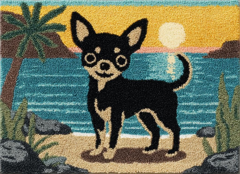 Latch Hook Rug Kit Black Chihuahua Dog Swim Seaside Tapestry 52x38cm-4