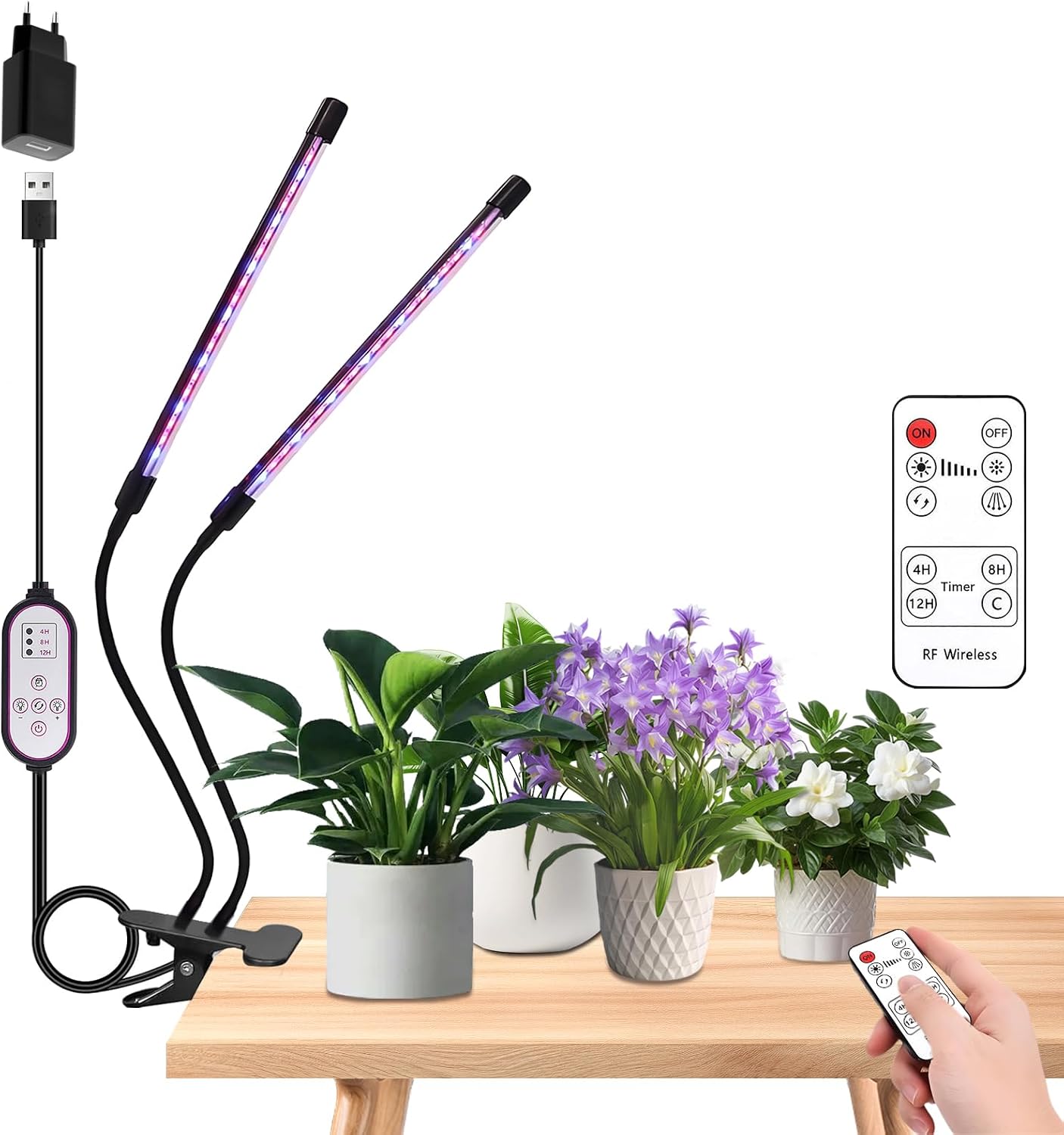 luzes de cultivo para plantas de interior,Lâmpadas de planta de clipe,3Timer,3Modes,9 Nível regulável,Lâmpadas de cultivo de plantas LED de espectro completo para cultivo de sementes (2 Cabeça)
