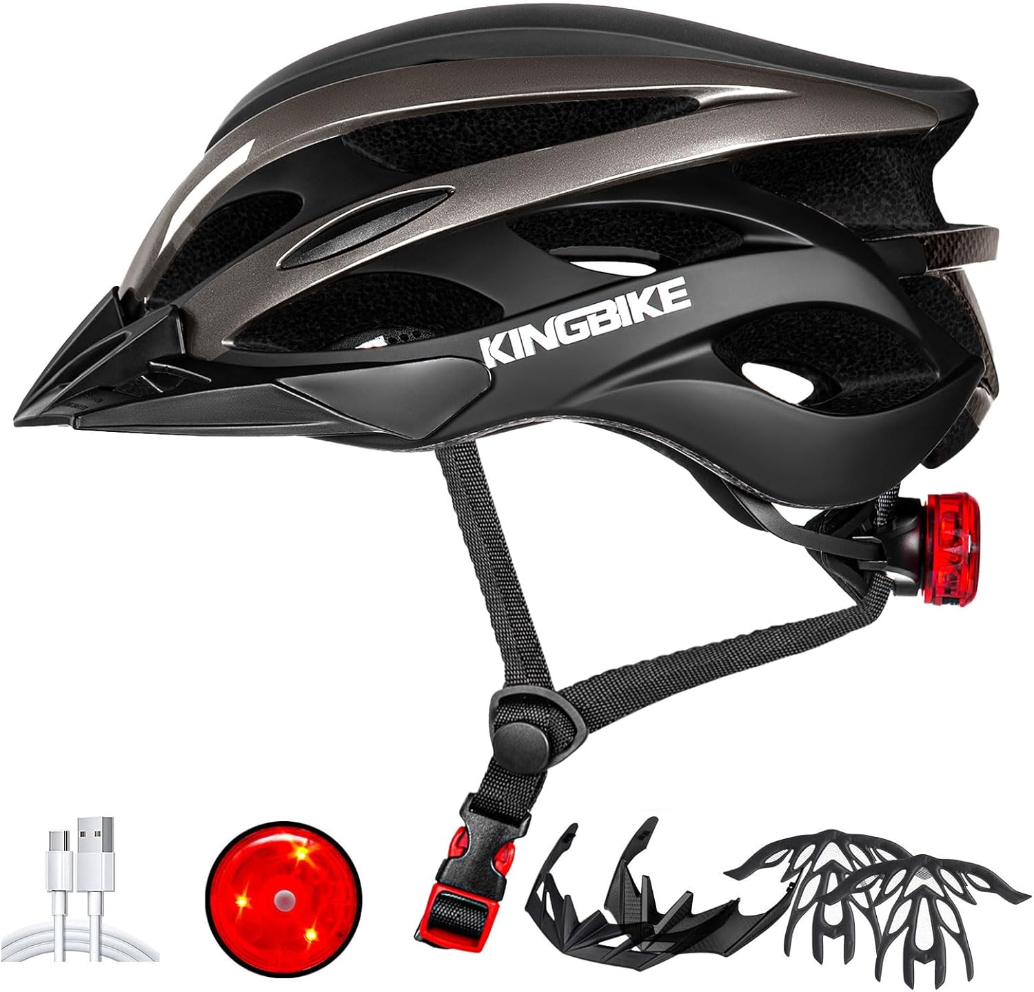 KINGBIKE Bike Helmet for Adult Men Women Youth Road Commute Mountain Cycling Helmets with USB Rechargeable Tail Light Replaceable Inner Pads
