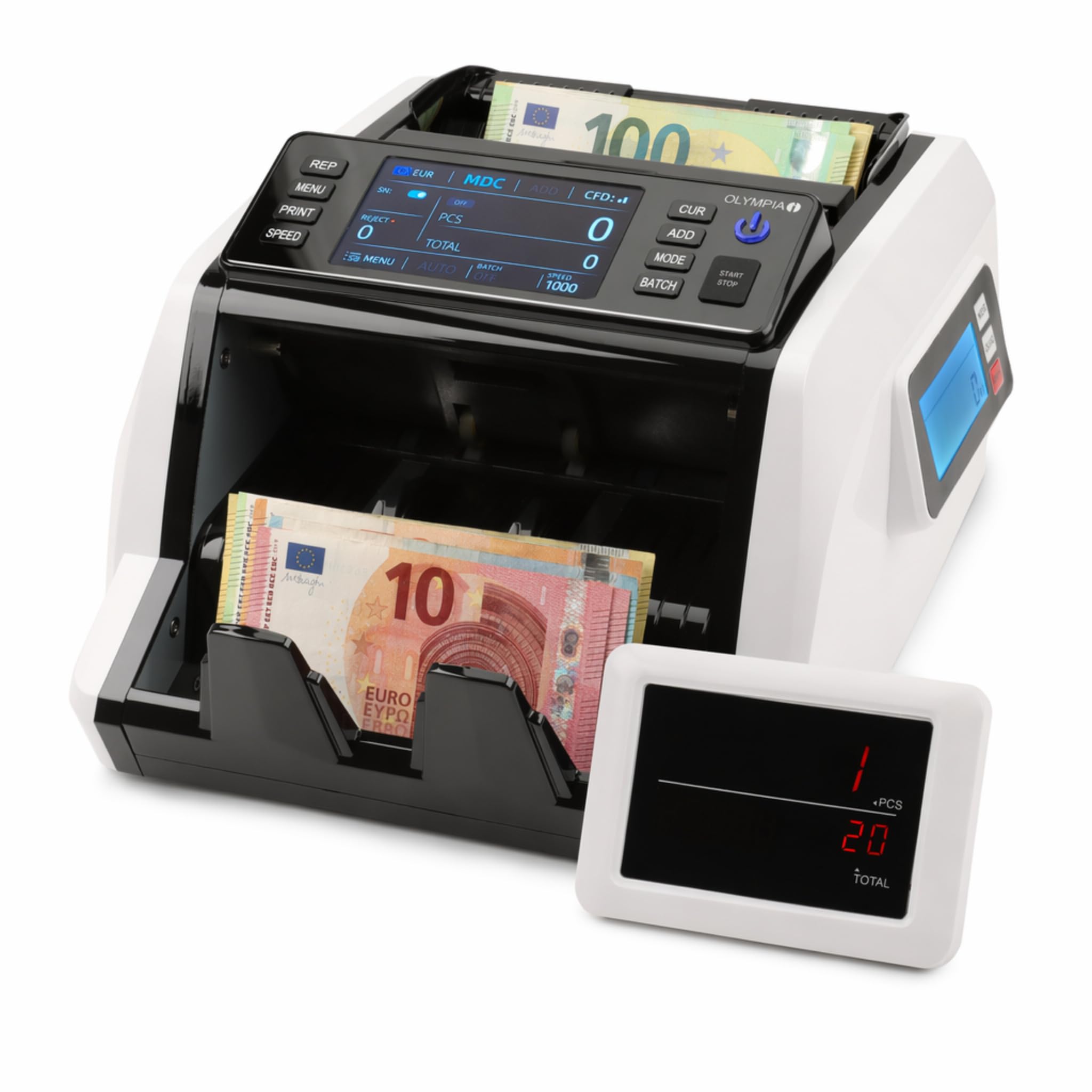 Olympia NC 580 Plus - Contatore banconote multivaluta, rilevamento di banconote false, 1200 banconote/min, con display clienti