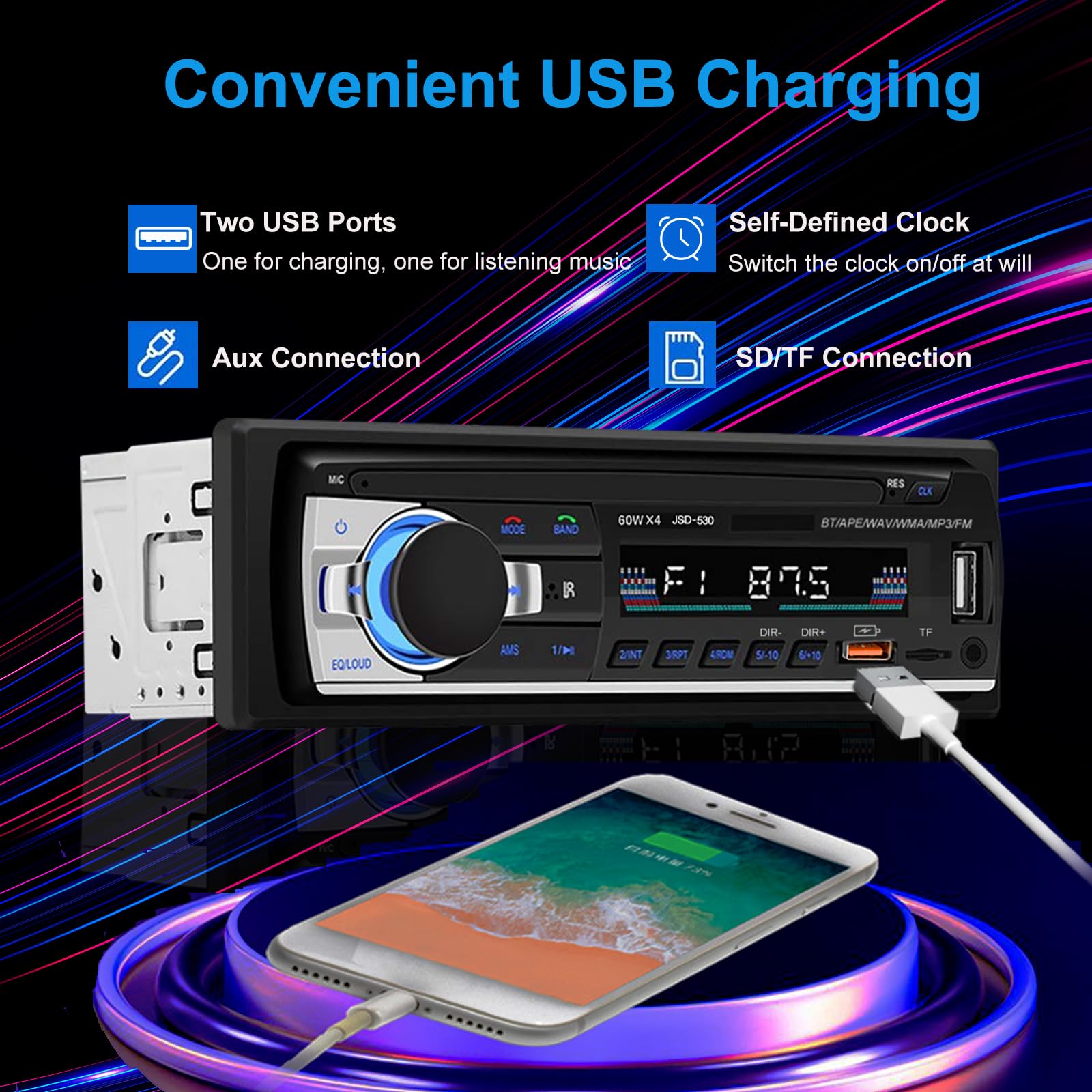Autoradio Bluetooth 5.0, 4x60W 1 Din FM Auto Radio mit Freisprechfunktion, Stereo-Sound mit Uhr/Fernbedienung/Doppel-USB/LCD Bildschirm Unterstützt 2 USB/AUX/SD/TF/EQ/DSP
