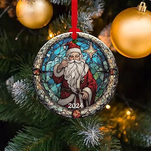 Miniatura 9 de Adorno colgante redondo de acrílico de la Navidad, estilo de vidrieras para la decoración del árbol