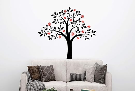 VVWV Tree and Flowers Wall Stickers for Home Living Kids Bed Room Hall Kitchen Wall Decor Stickers PVC Vinyl Decals L X H 55 X 55 CMS