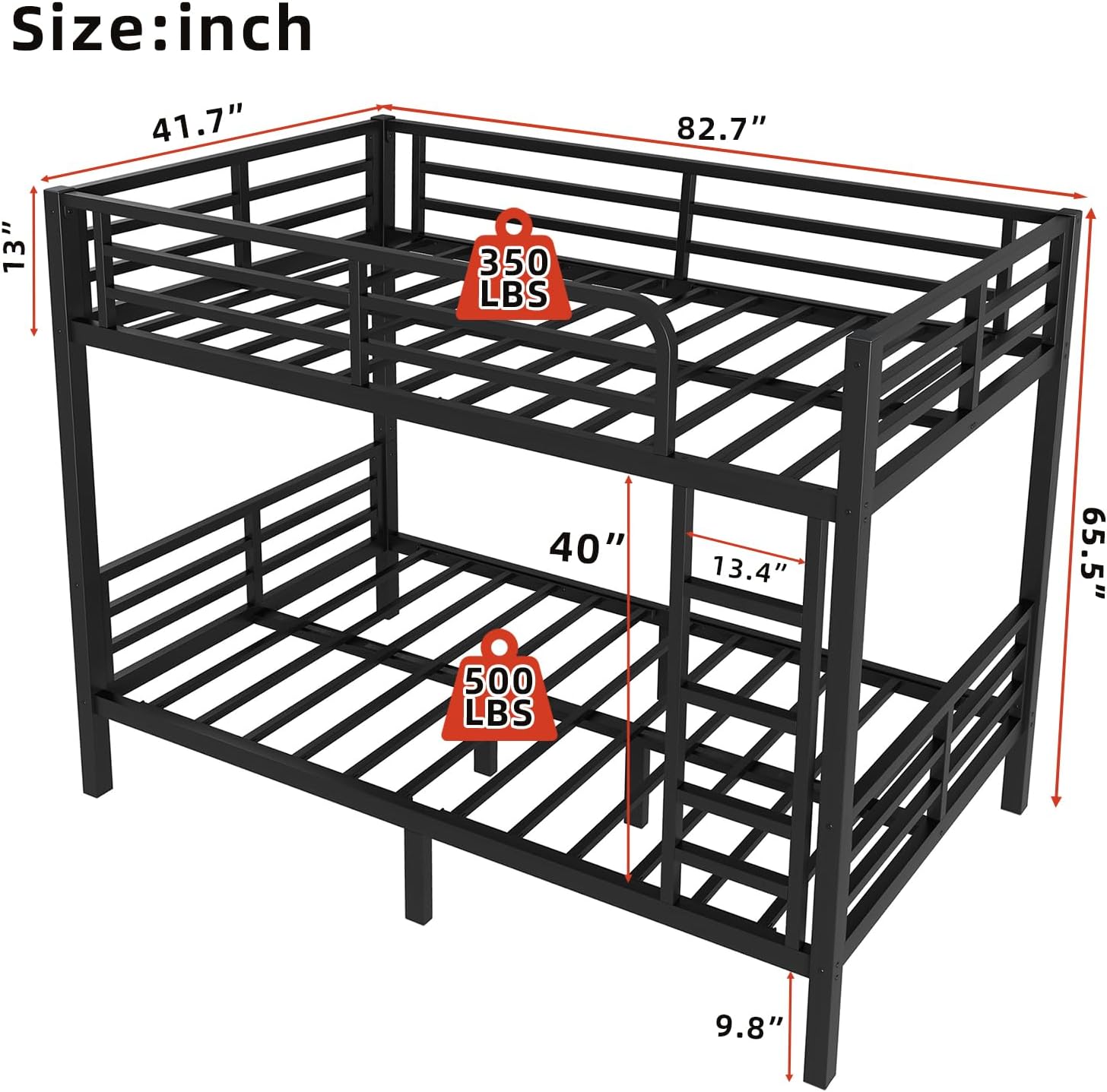 Diagram showing the dimensions of the Twin XL Over Twin XL bunk bed.
