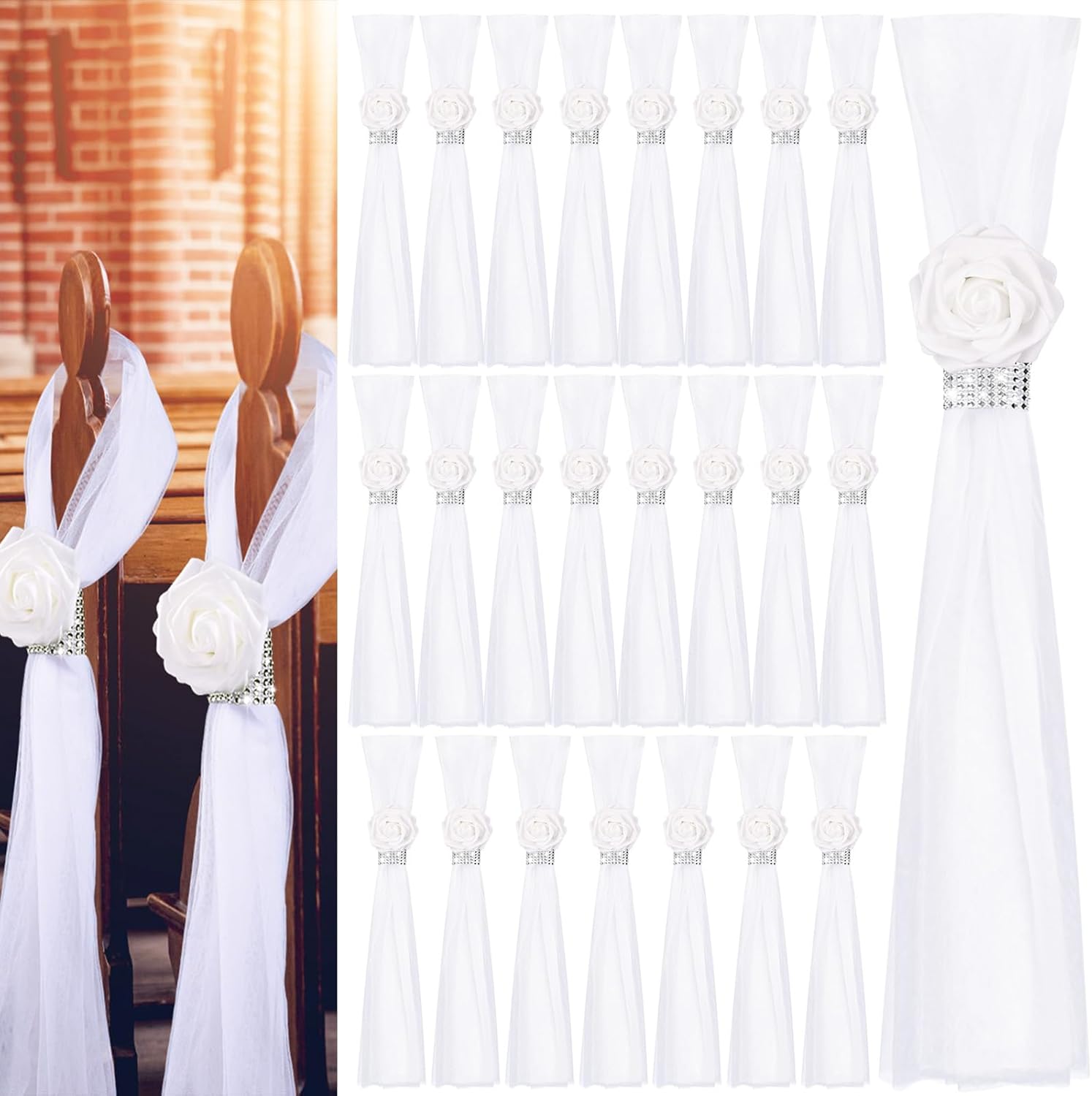 Olgaa Wedding Aisle Decorations for Ceremony Set of 24,Wedding Chair Pew Flowers Church Decorations with Artificial White Roses Flowers Rhinestone for Weddings Party Bench Pew Aisle Decor