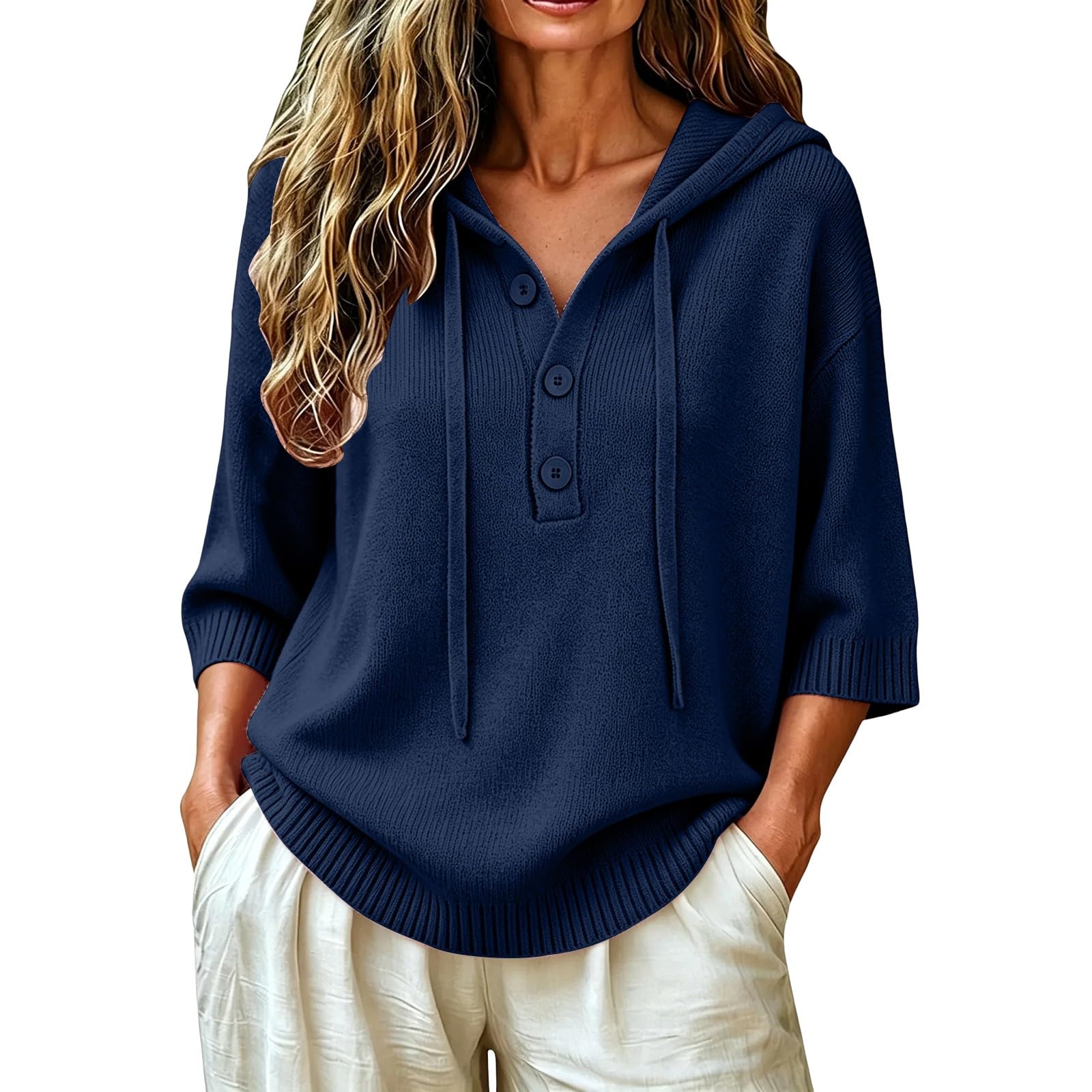 Maglioni con maniche a 3/4 da donna con cappuccio con bottoni pullover