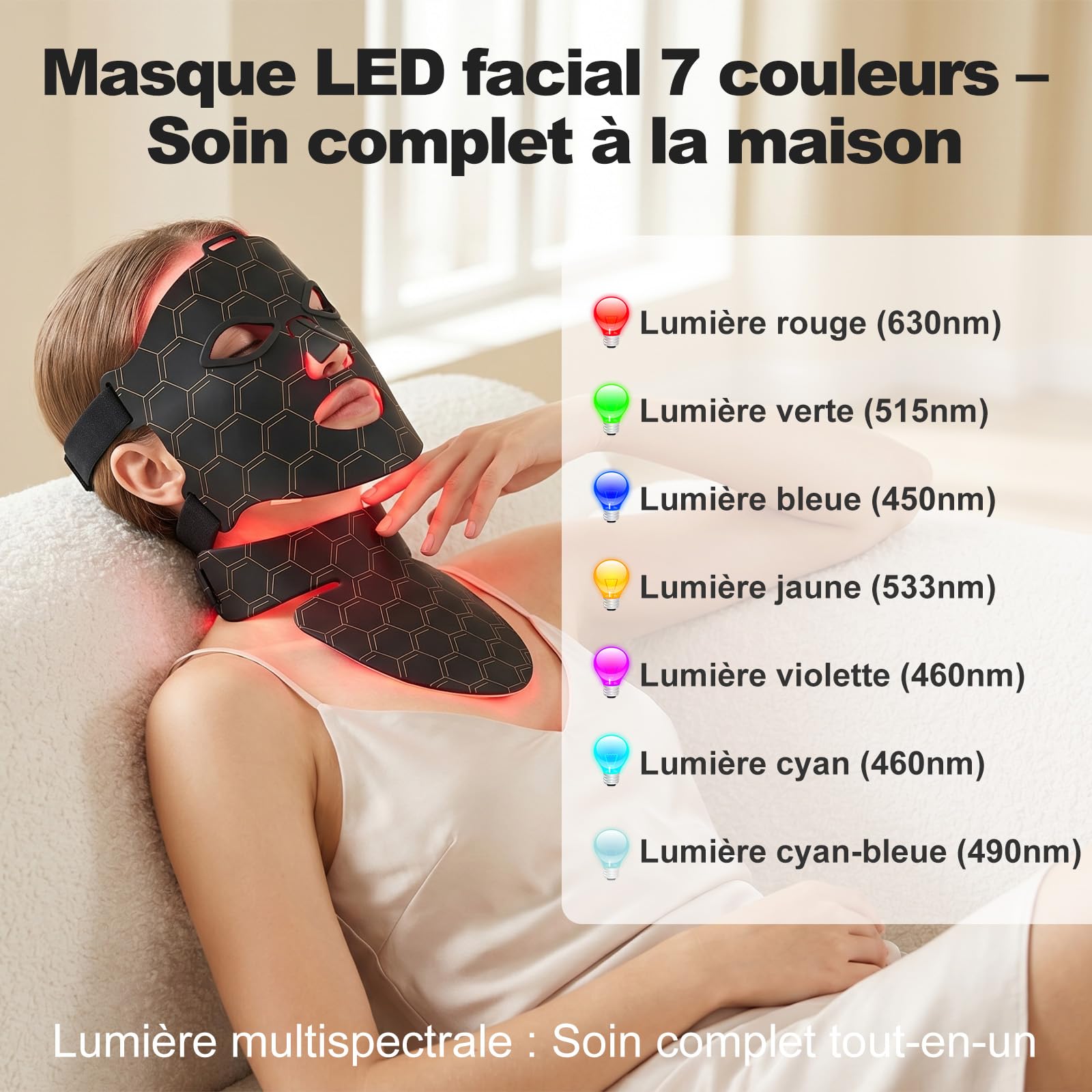 Masque LED Visage Cou 7 Couleurs 5 Luminosité Minuterie | Masque LED avec 7 couleurs, 5 niveaux de luminosité et minuterie, pour visage et cou, adapté à tous les types de peau