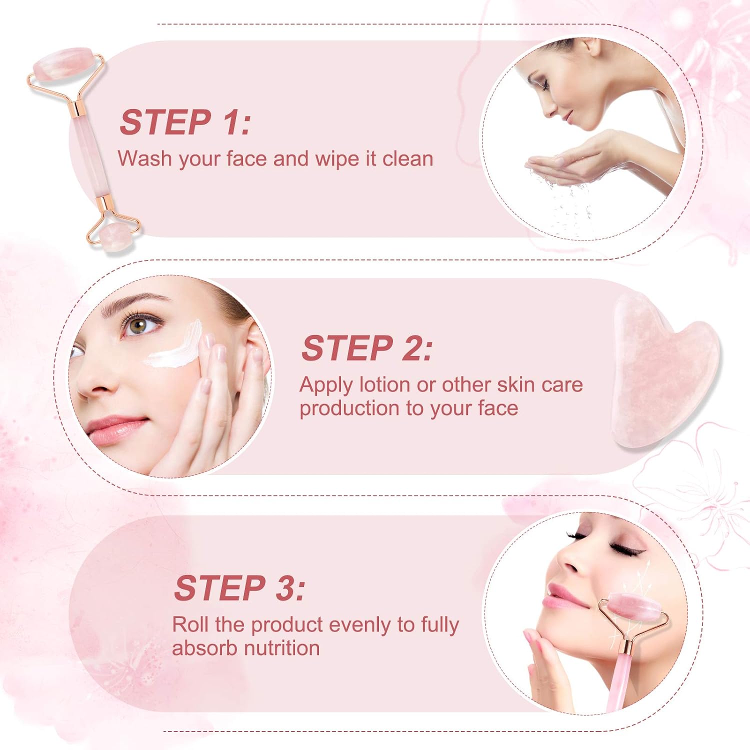 Jade Roller for Face, Gua Sha Facial Tools & Rose Quartz Face Roller Skin Care Product for Face Lift and Puffiness, Anti-Aging Facial Roller for Eyes Body Neck Slimming & Firming