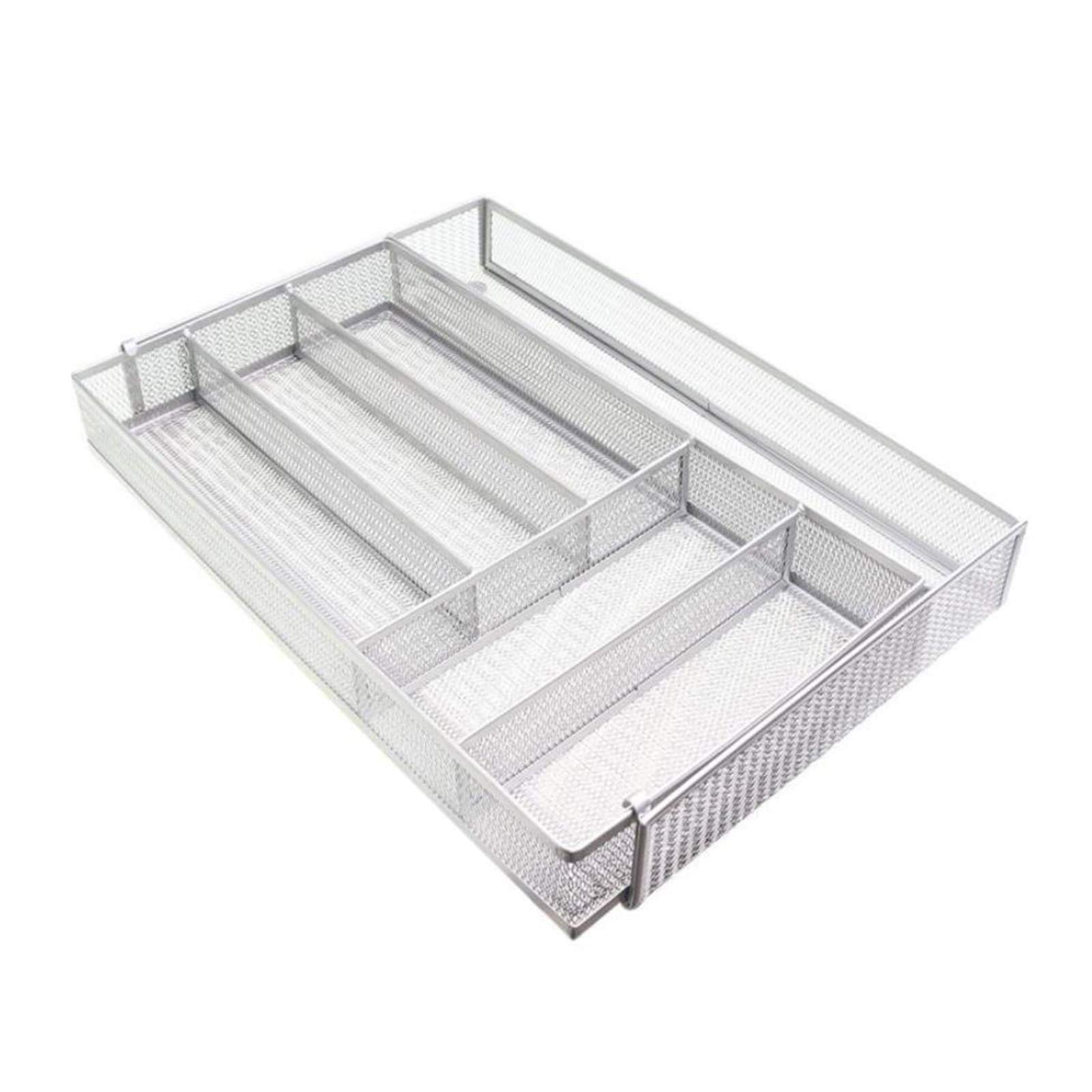 Dieser ausziehbare Besteckkasten aus Metallgewebe mit 6 Fächern eignet sich ideal zur Aufbewahrung von Küchenutensilien, Besteck und anderen Küchenhelfern in der Schublade und ist in Braun (
