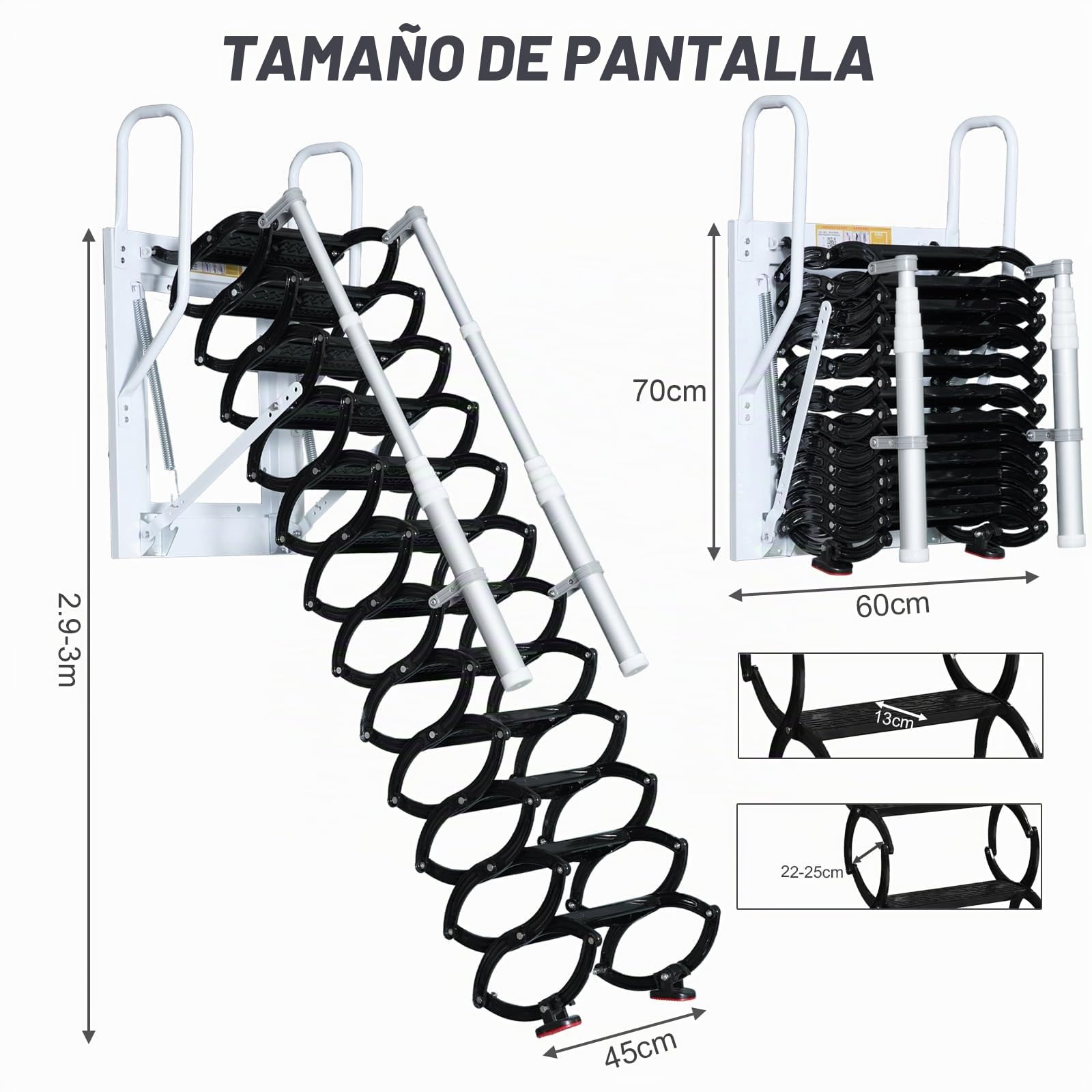 Escalera de ático de Pared, 12 Peldaños Escaleras Telescópicas desván, Escaleras Metálicas Plegables para áticos con Peldaños Telescópicos, para áticos, garajes y techos (Black, 12 Peldaños)