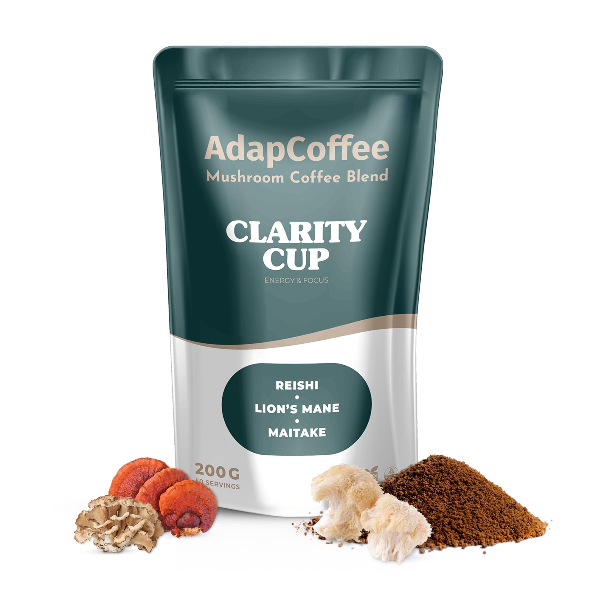 Clarity Cup – Café Instantáneo con Hongos Adaptógenos – Lion’s Mane, Reishi, Maitake – Enfoque y Vitalidad – Sabor Gourmet con Cacao Puro – 200 g – 50 Tazas