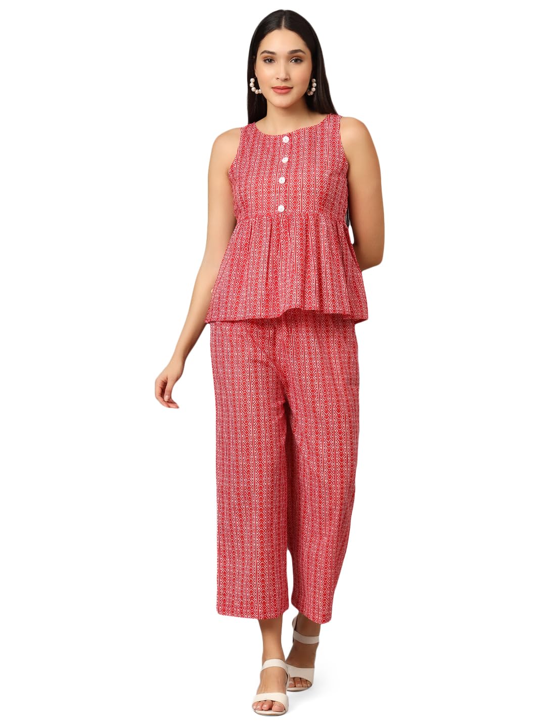 Women Cotton Geometric Print Sleeveless Red Color Peplum Top with Palazzo Co-ord Set