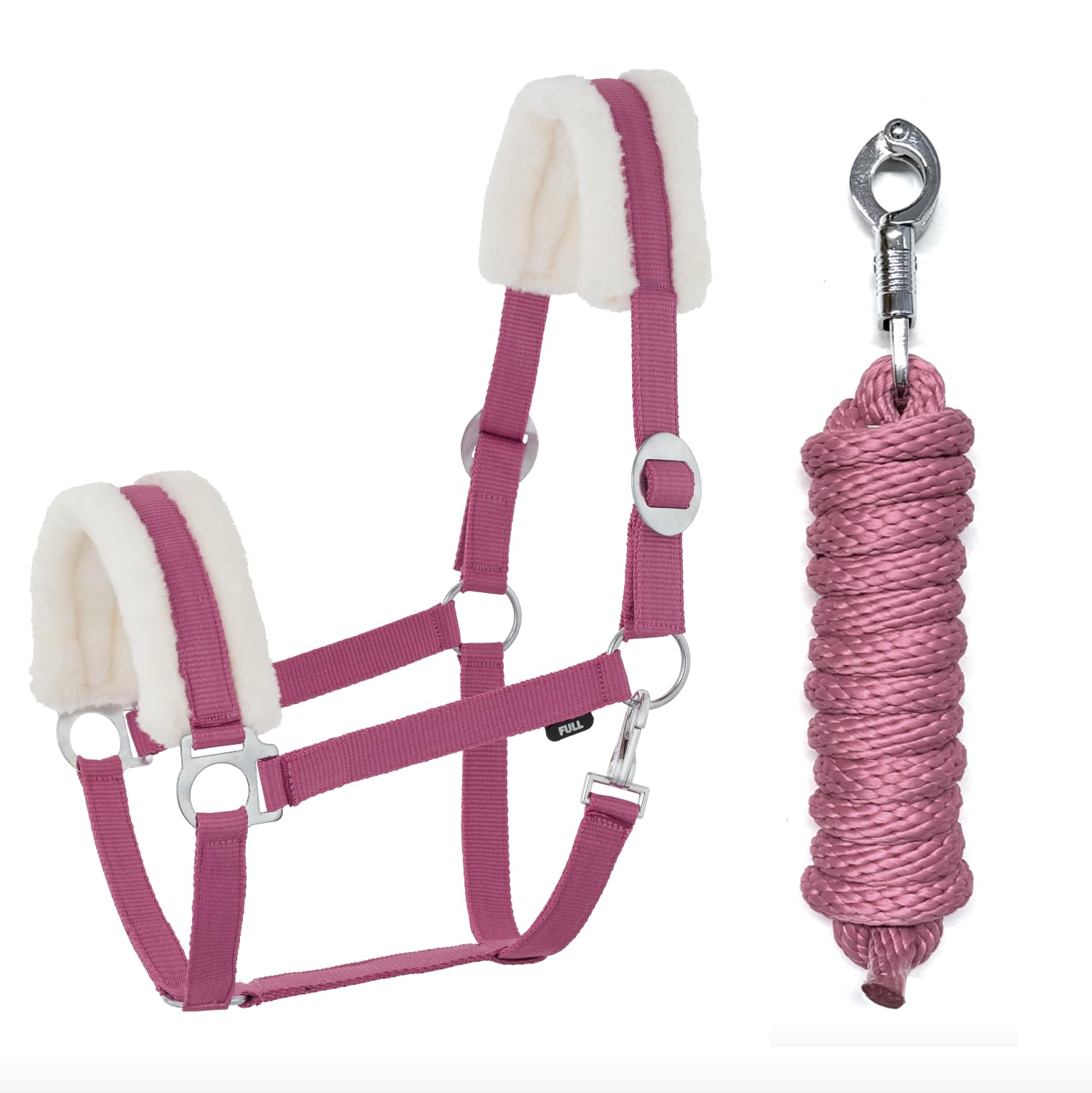 JA4004 - Cabestro de piel sintética con gancho de pánico ajustable, cabestro para caballo, caballo de madera, cuerda de amarre (pelo sintético rosa, pony)