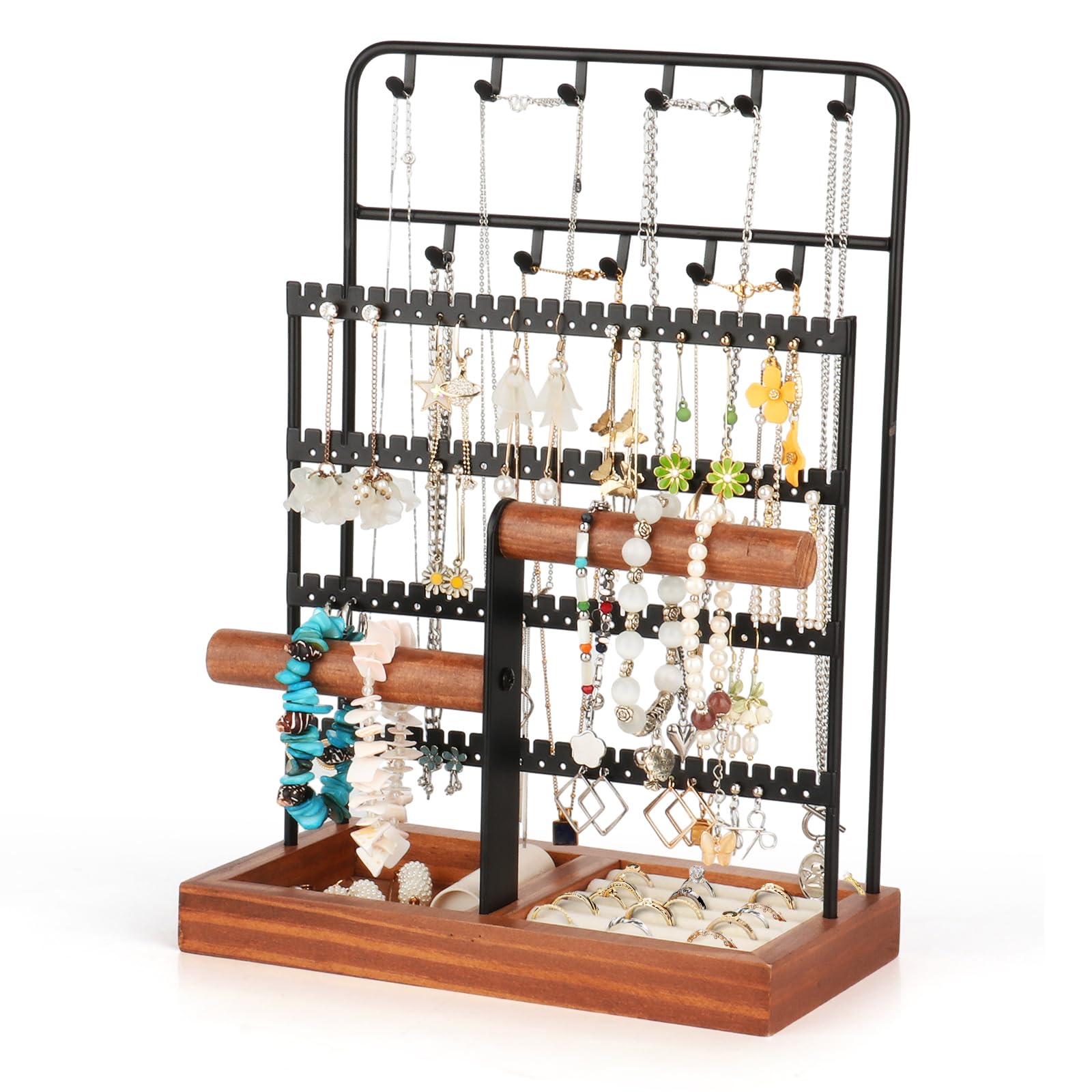 Jewelry Organizer, Jewelry Organizers and Storage with Tray, 8-Tier Earring Holder Organizer with 13 Hooks for Necklace, 96 Holes for Earring, Necklace Holder for Woman Girls, Black