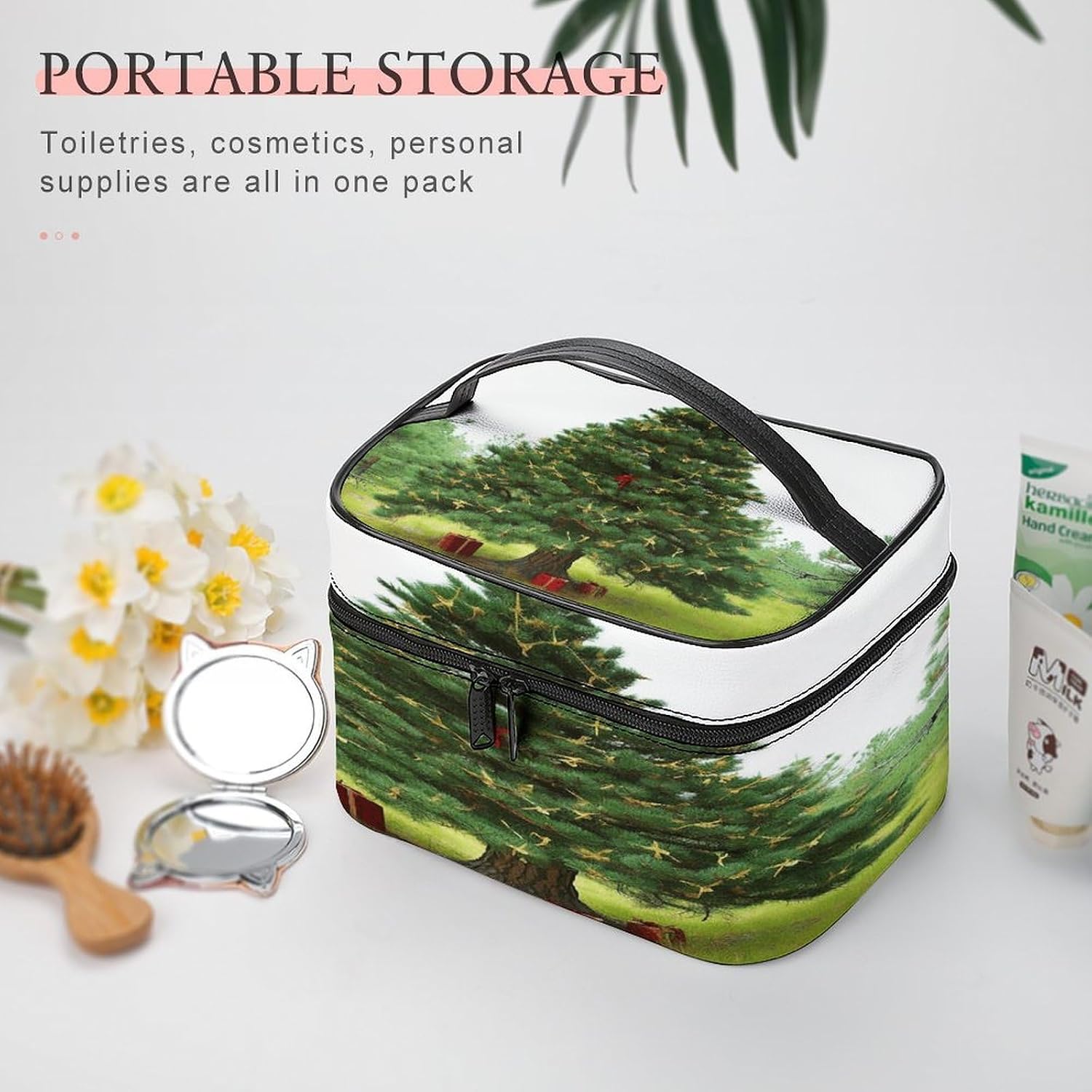 Garlad Pine Tree Makeup Bag with Handle Fashion Portable Travel Toiletry Bag Exquisite Large Capacity Cosmetic Bags Lightweight Travel Accessories Storage Bags for Women image 5