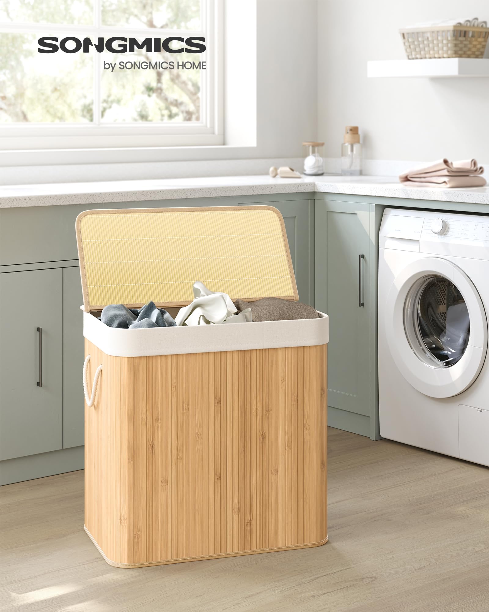 SONGMICS Wäschekorb 3 Fächer, 150 L Wäschesammler mit Deckel, Wäschebox Bambus, mit Griffen, faltbar, Wäschesack herausnehmbar maschinenwaschbar, Waschküche, naturfarben LCB091N01