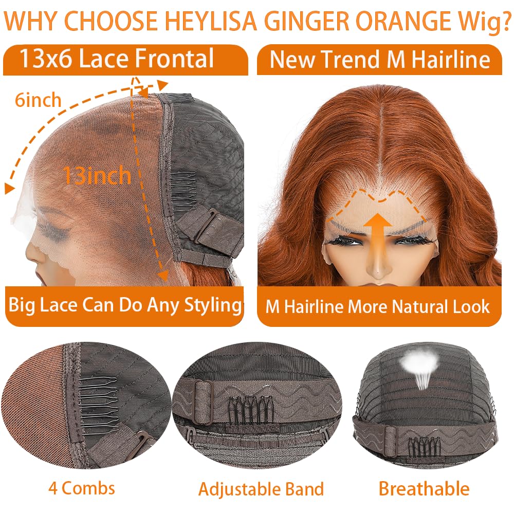 30 Inch Ginger Orange Lace Front Wigs Human Hair 13x6 Body Wave HD Transparent Lace Frontal Wigs for Women 200% Density Glueless Wigs 350 # Pre Plucked New Trend M Hairline Wig (Orange, 30 Inch)