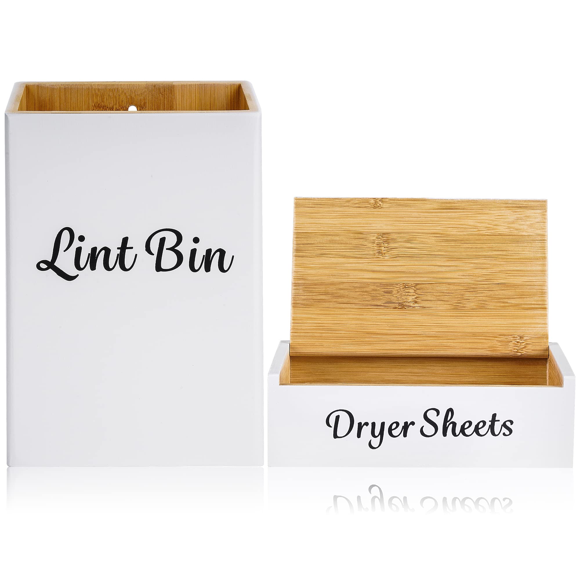 FJO Magnetic Lint Bin for Laundry Room - Bamboo Magnetic Lint Bin with Lid, Wall Mounted Dryer Sheet Holder Laundry Pods Dispenser Set,Farmhouse