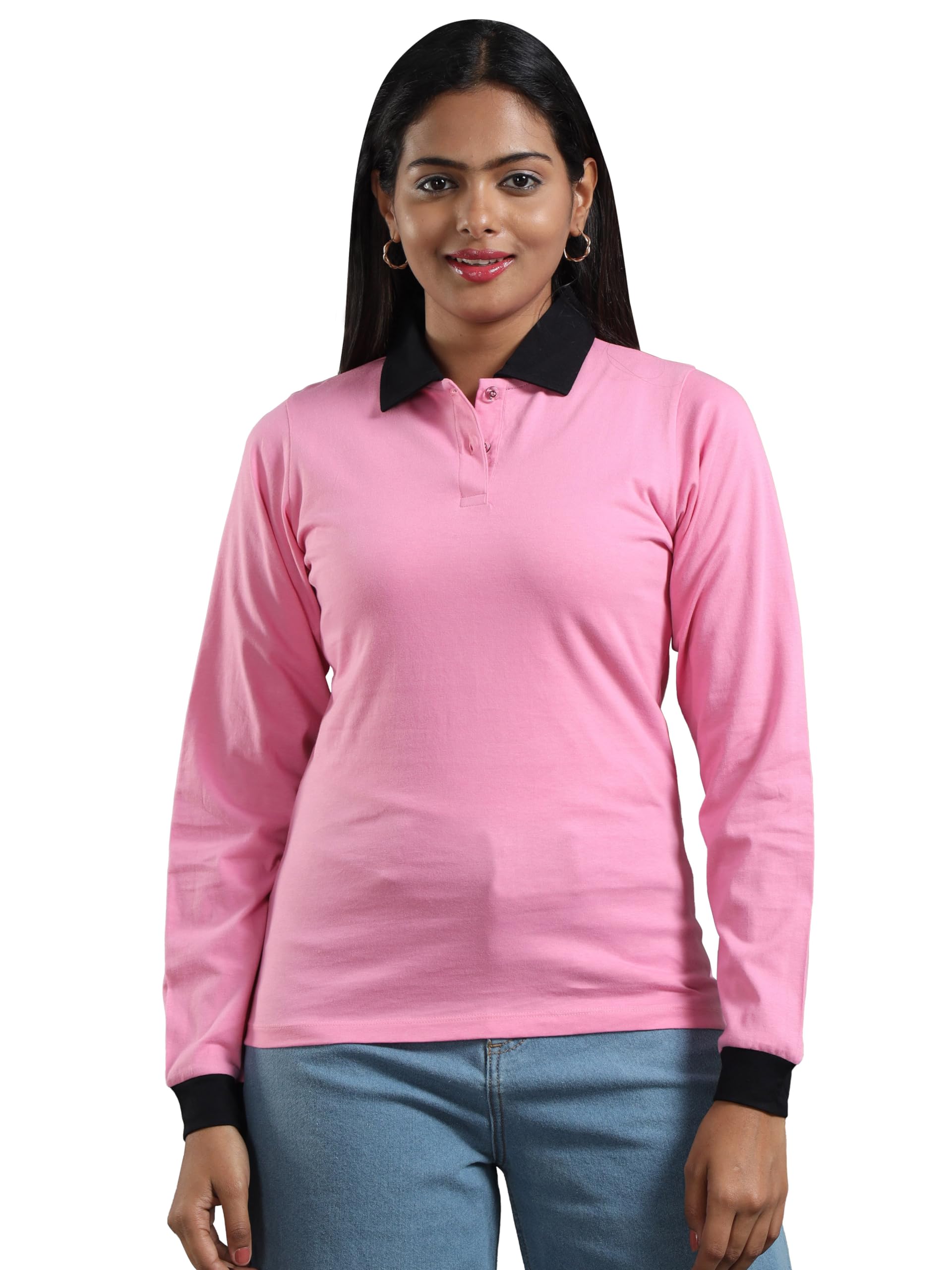 ecoline clothing Womens Cotton Full Sleeve Contrast Collar & Cuff Polo Neck T-Shirt-picture-29