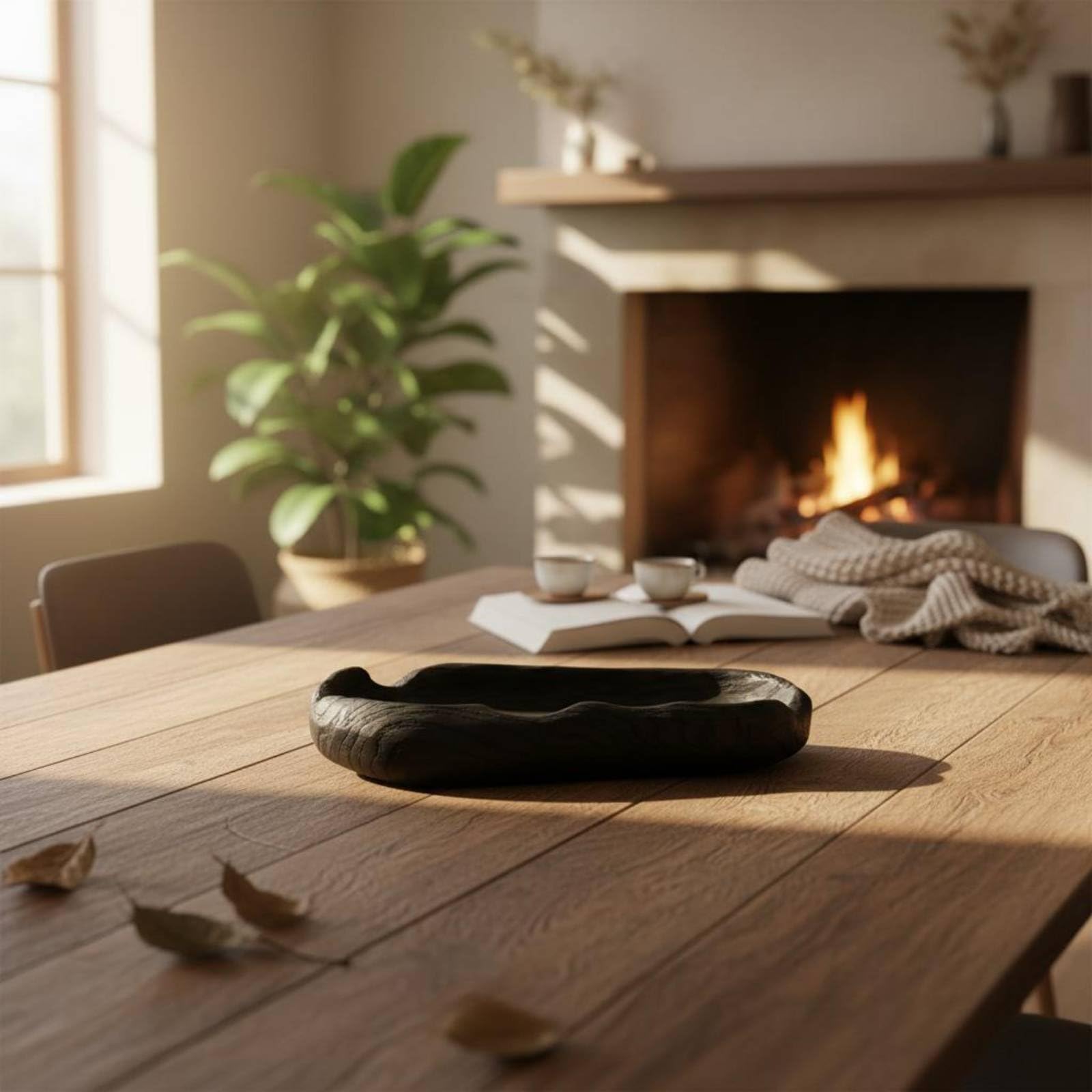 Milageto Bandeja Industrial Bandeja Fuente Plato Centro de Mesa con Diseño Artesanal en Madera y Acabado Natural Adecuada para Aperitivos Fruta Llaves Joyas Decoración, Negro