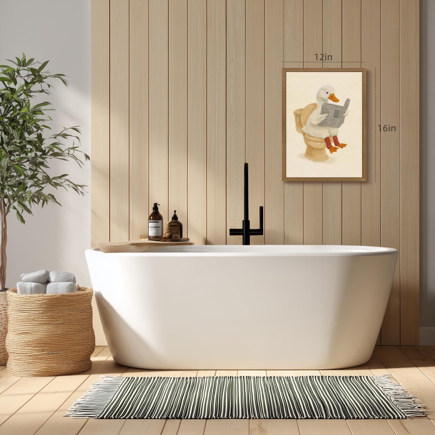 Grajoy Wood Framed Funny Bathroom Wall Art, Duck Reading Newspaper Poster Print, Cute Animal Toilet Canvas Painting, Whimsical Modern Minimalist Wall Decor for Kids' Room Living Room Restroom 12x16 Inch