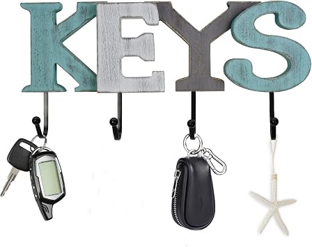 K KILIPES Rustic Wood Sign Home Decor with Keys Hanger Hooks Cutout Wooden Word Sign Hanging Ornament Decorative Keys Holder for Wall Decor