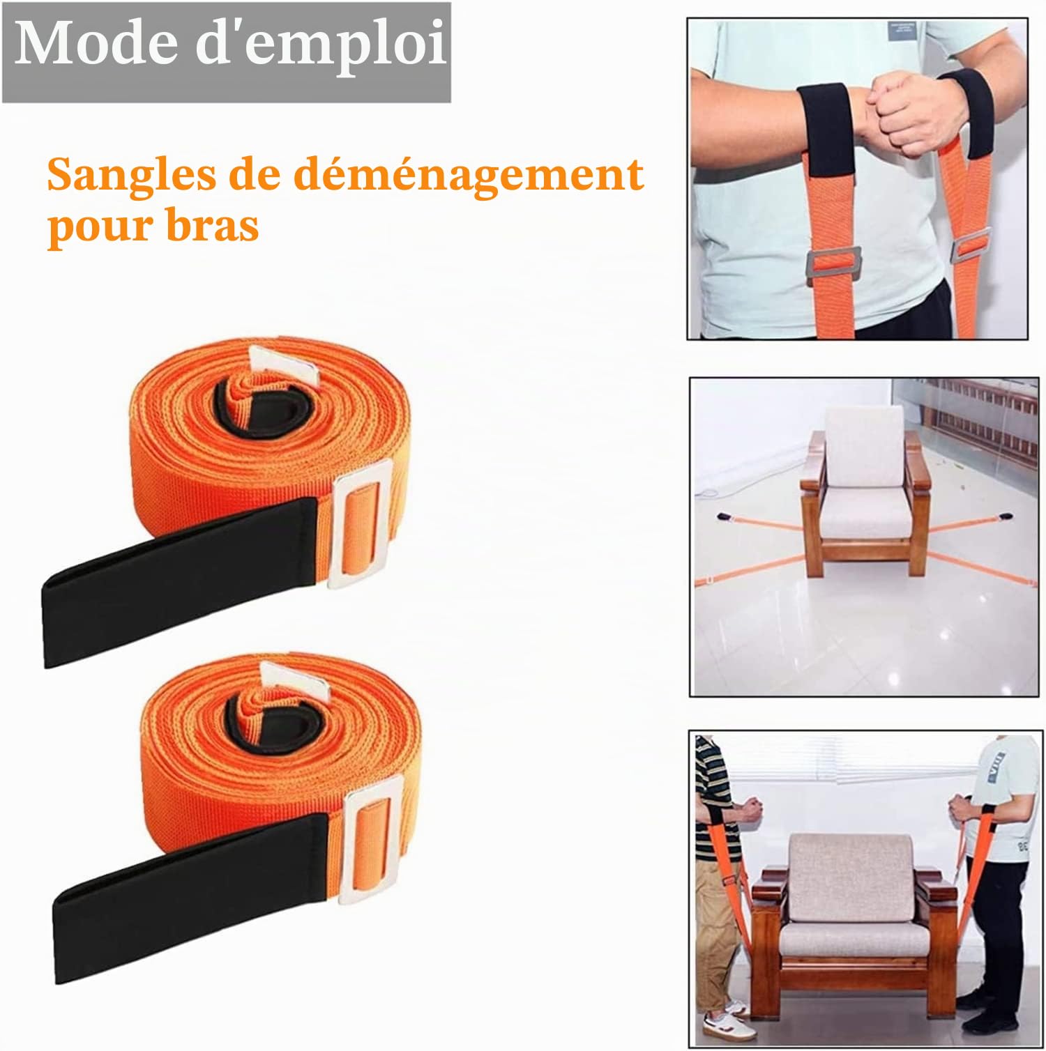 Sangles déménagement pour meubles, 2 sangles levage réglables et sangle de levage pour une personne pour déplacer des meubles, des appareils, des objets lourds et encombrants en toute sécurité