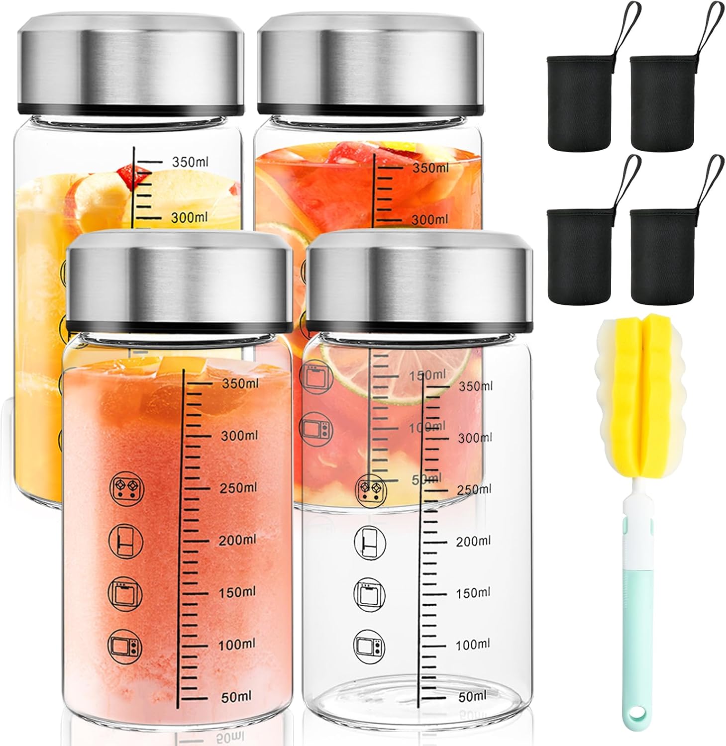 Akamino 4 Set Glass Juice Bottles,12 Oz Wide Mouth Glass Shaker Bottle with Stainless Steel Lids and Scale,Reusable Empty Drink Containers with Sleeve Brush for Milk Tea,Smoothies,Beverage
