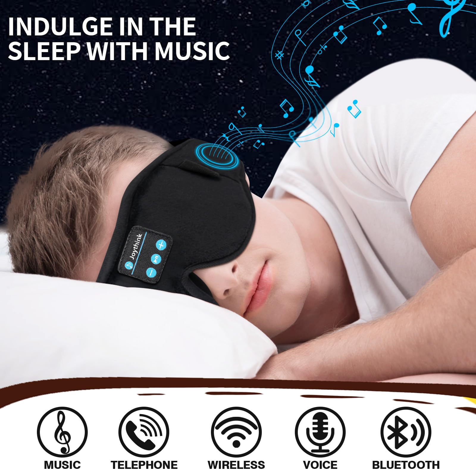 Joythink Auriculares para dormir, máscara de dormir Bluetooth con altavoz, máscara para dormir en coche, auriculares inalámbricos, accesorios de viaje para vuelos largos