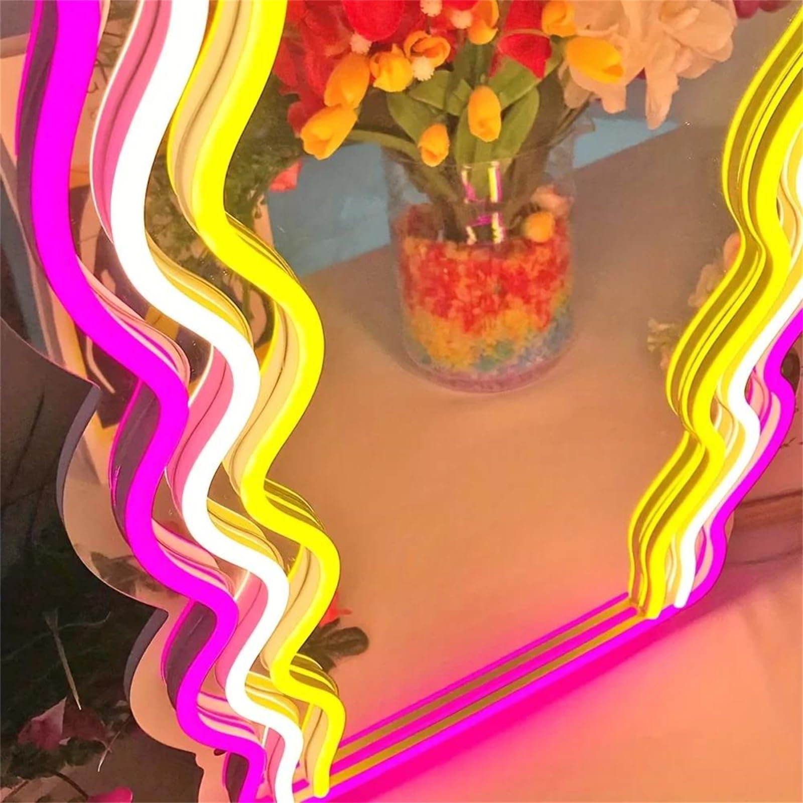 B,Panneau néon LED avec Miroir ondulé alimenté par USB pour Coiffeuse décoration Murale Chambre à Coucher Cadeaux artistiques décoration Table Maquillage Cadeaux d'anniversaire