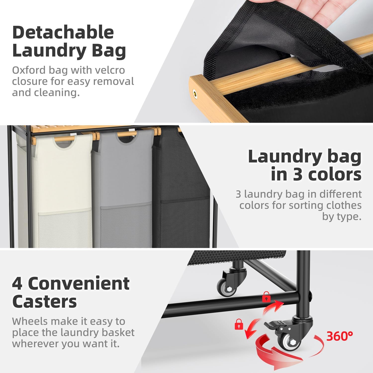Laundry Hampers 3 Section, Laundry Sorter with Removable Shelf and Pull-Out Bags, Rolling Cart Clothes Hampers Basket with Wheels for Laundry Room Bathroom, 3 x 45 L (Black Beige Gray)