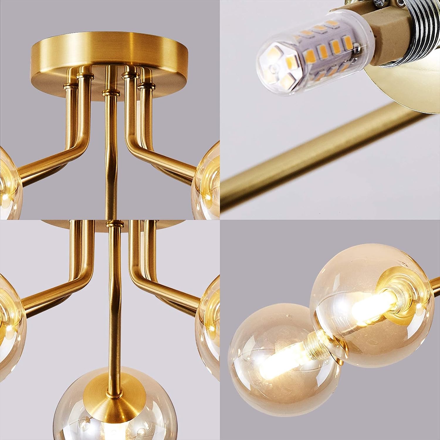 Review Discount Modern Sputnik Chandelier Ceiling Mounted Gold Light Fixtures Bedroom Dining Room Kitchen Semi Flush Mount Ceiling Light Glass Globe G9 Bulb (5-Light)